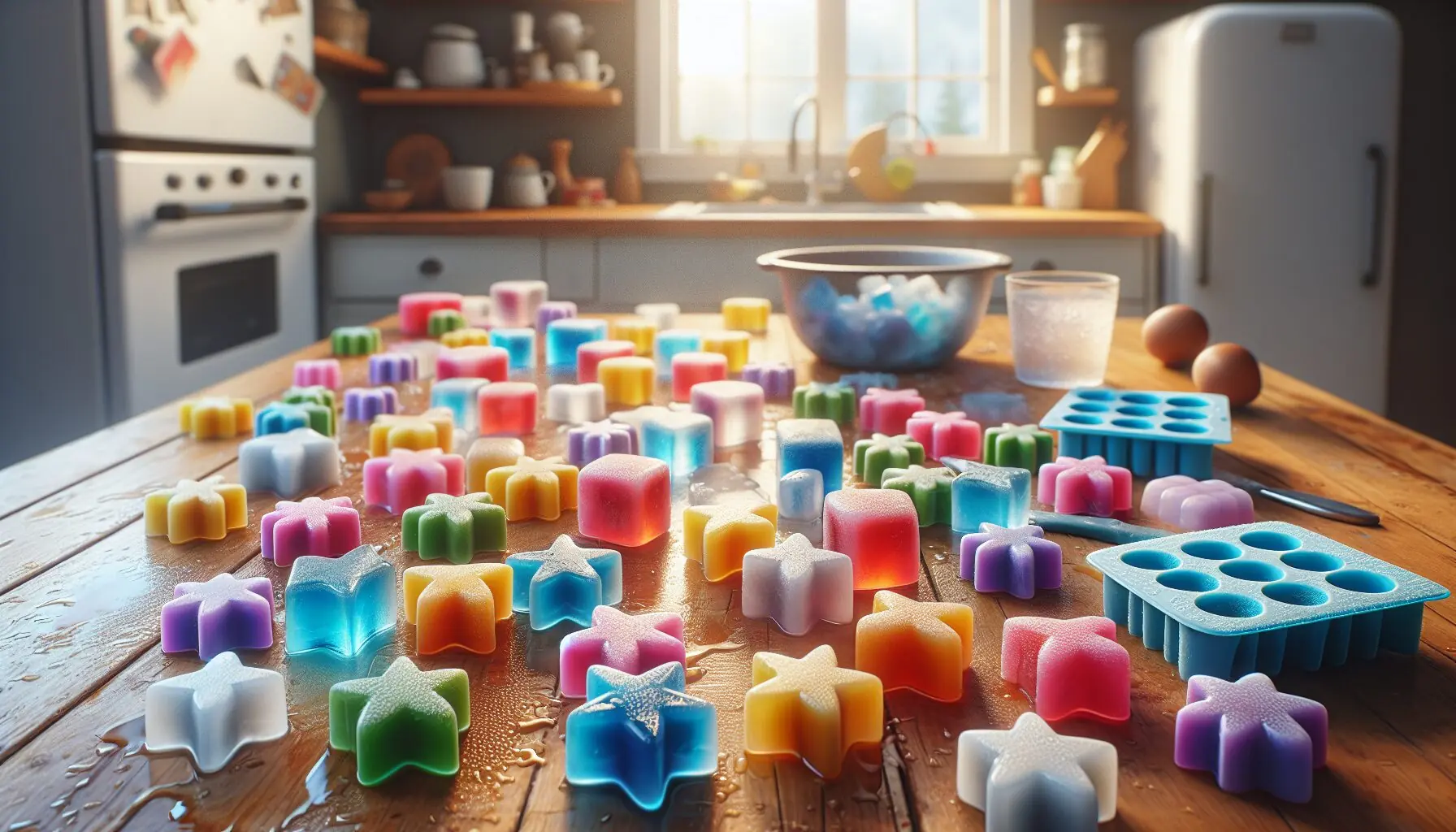 Generate an image of colorful ice cubes in varied molds on a wooden table.