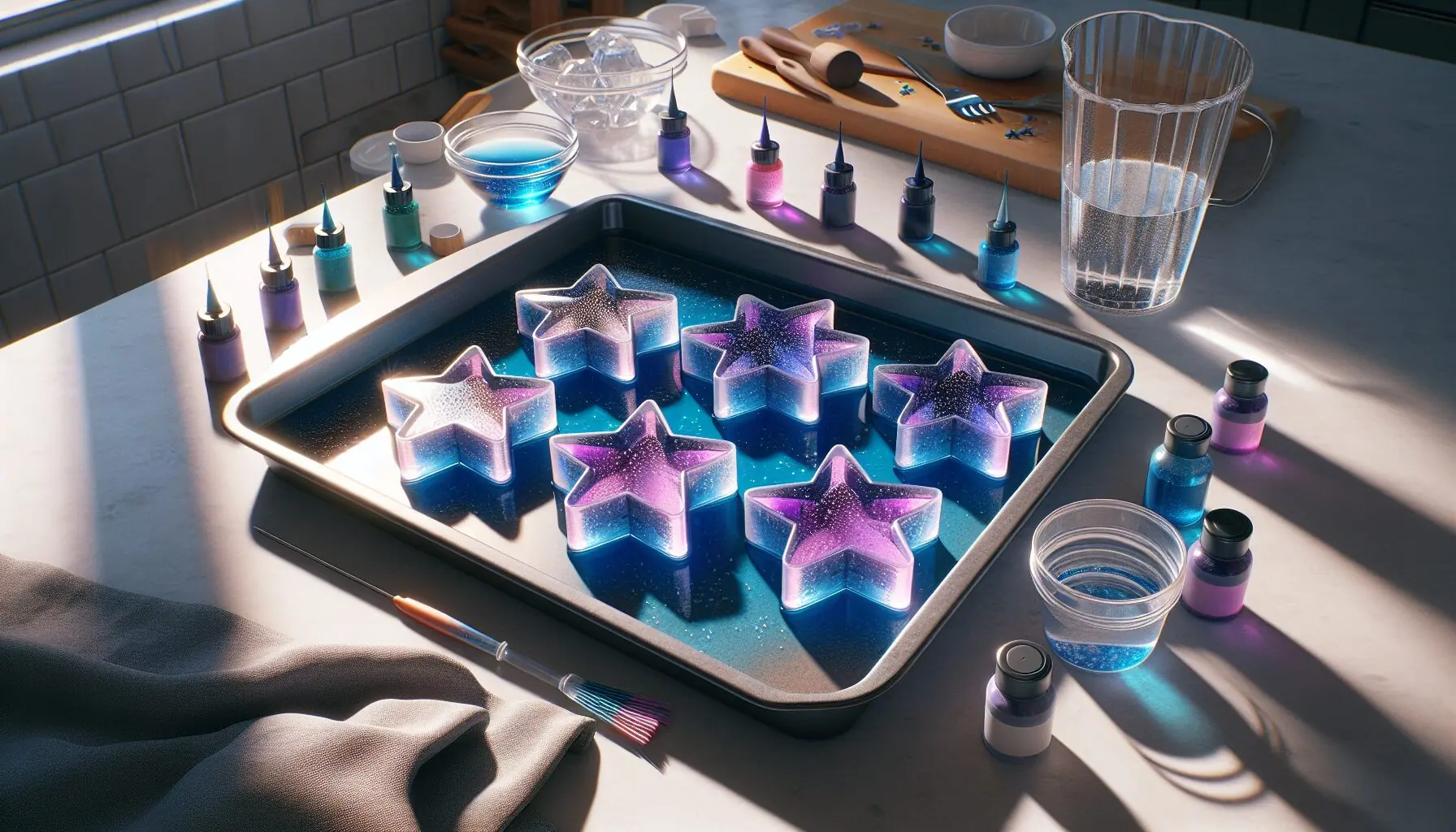 Generate an image of hands pouring purple and blue colored water into star-shaped molds on a tray.