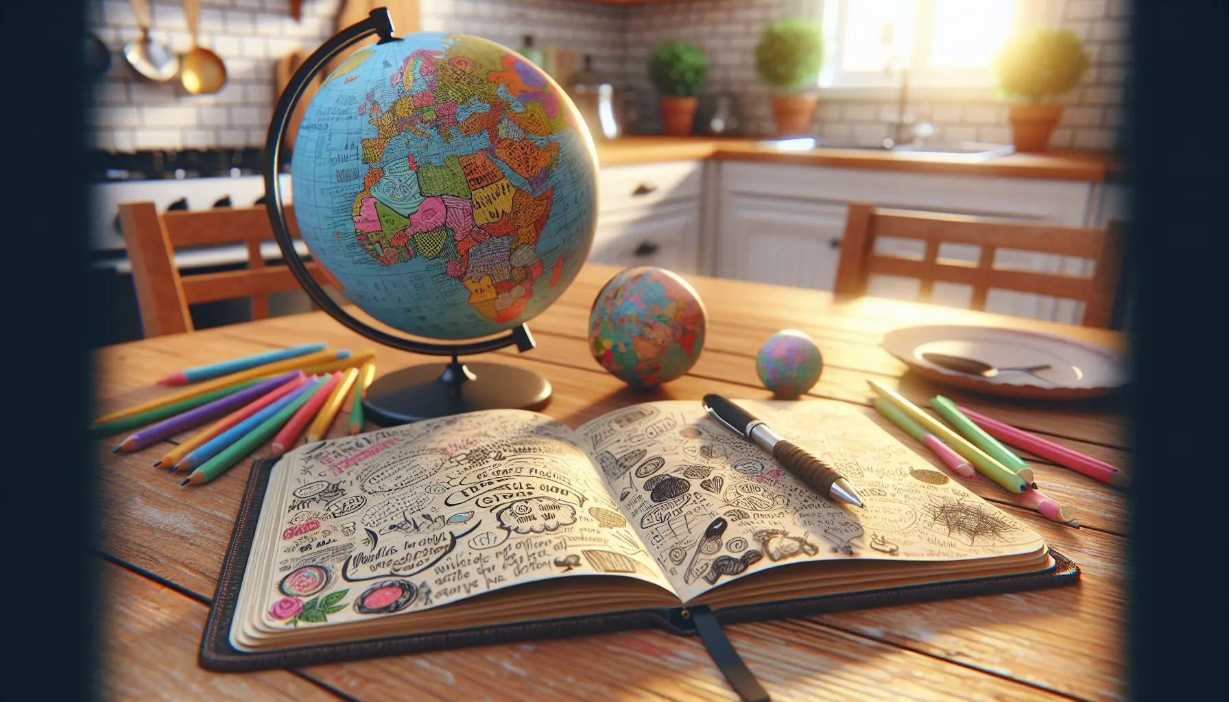 Generate an image showing a notebook open with pages filled with colorful doodles and taste notes beside a globe.