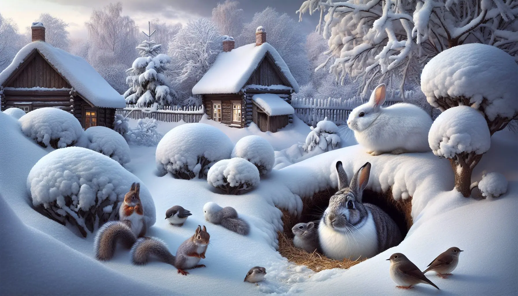 Generate an image depicting various animals in a wintery setting, focusing on their natural habitats like burrows and treetops.