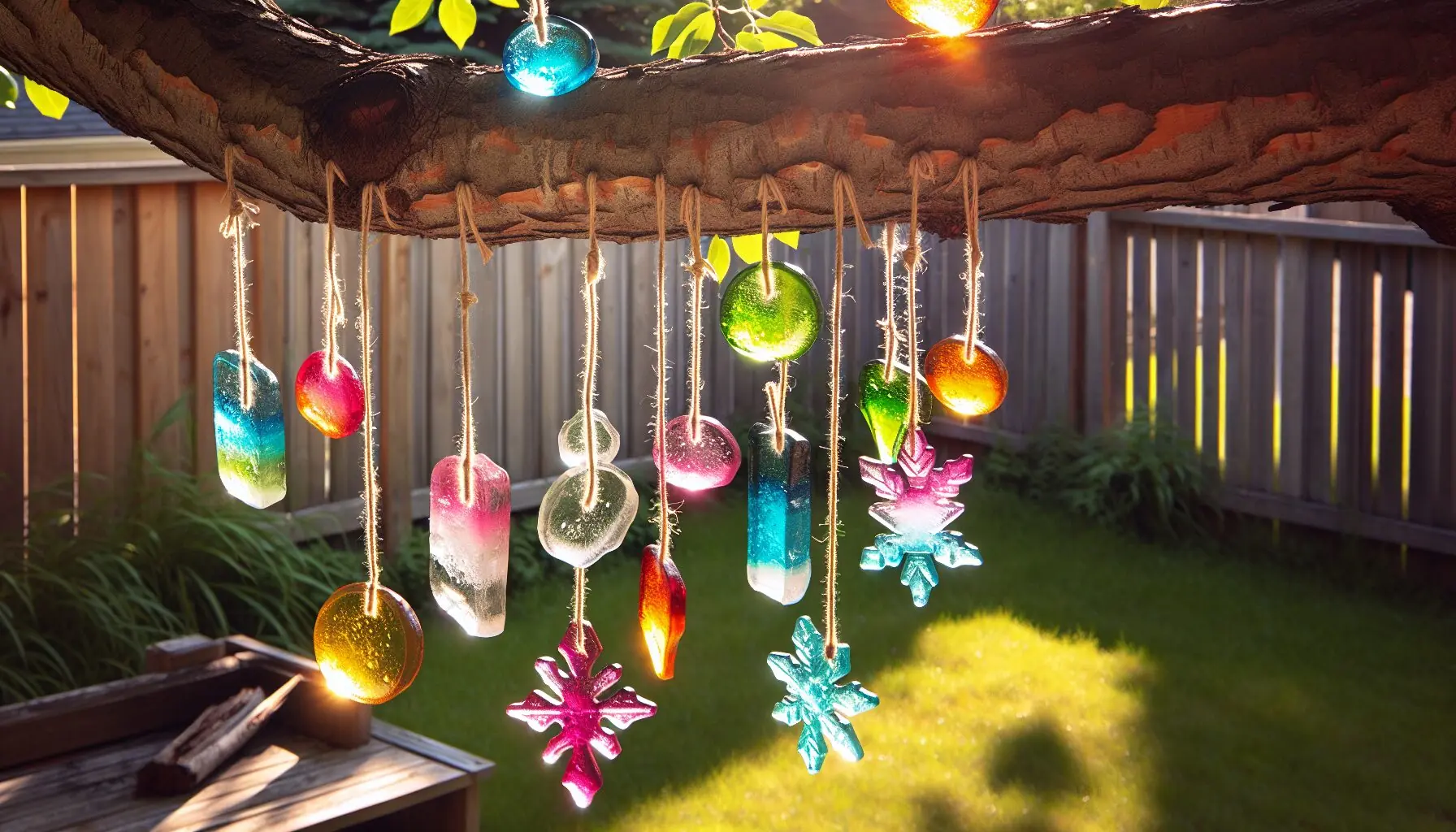 Generate an image of a backyard with hanging ice decorations shimmering in sunlight, no humans visible.