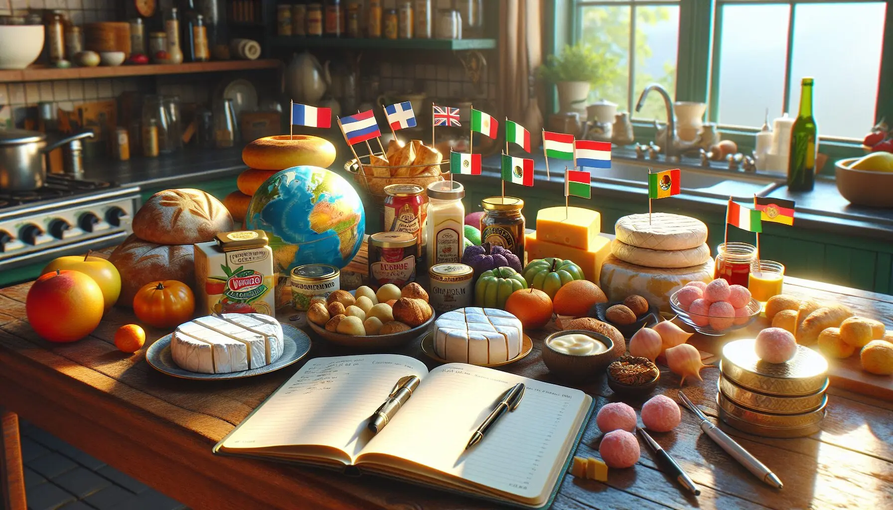 Generate an image of a colorful array of international snacks on a table, each with a small flag representing its country of origin.