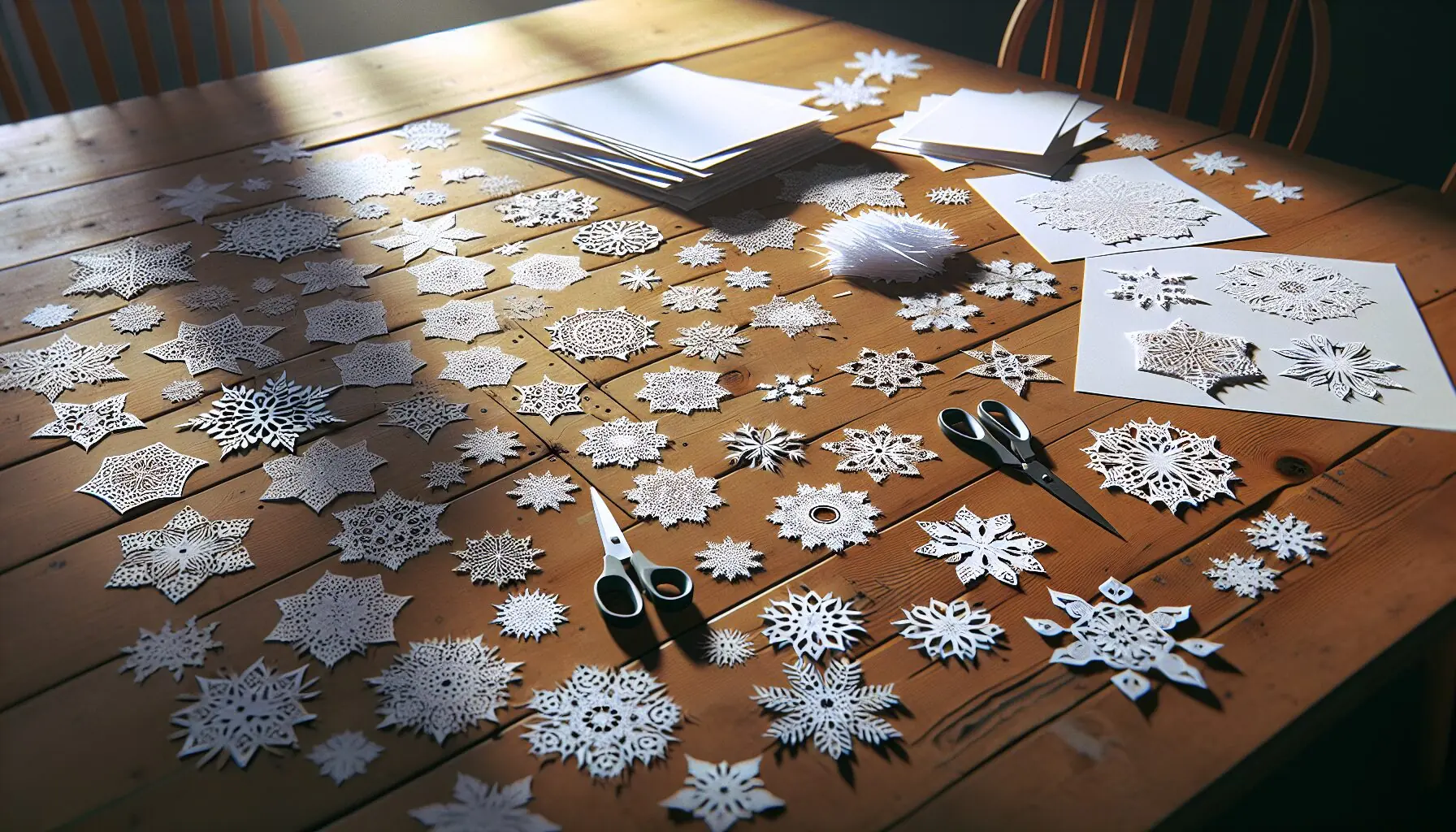Generate an image of various paper snowflake designs displayed on a wooden table.