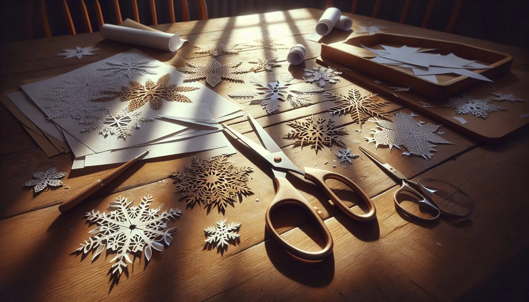 Generate an image of a child’s hands elegantly cutting paper, surrounded by paper scraps and completed snowflakes.
