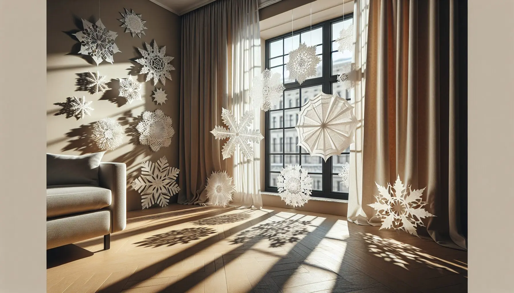 Generate an image of paper snowflakes taped to a window, casting delicate shadows in the sunlight.