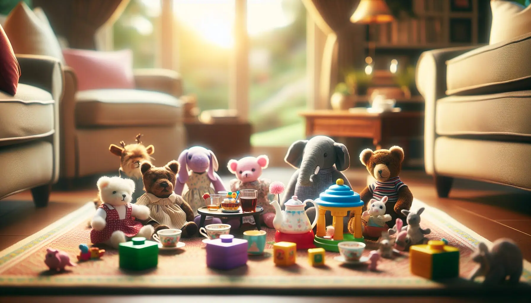 Generate a simple image showing a few dolls and soft toy animals, with toy tea set and colorful blocks scattered around.