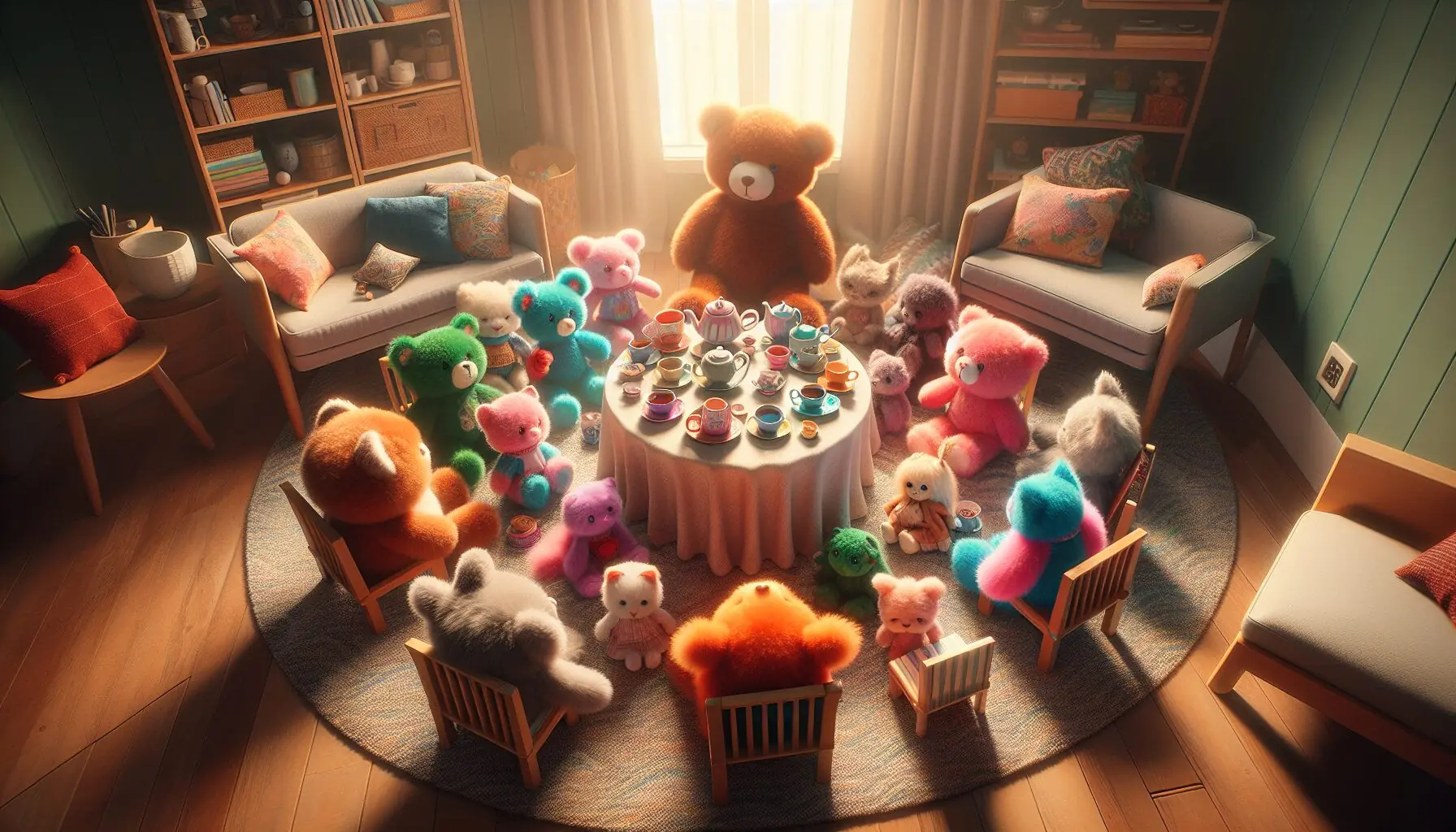 Generate an image of a colorful setup with stuffed animals arranged around a small toy tea party scene.