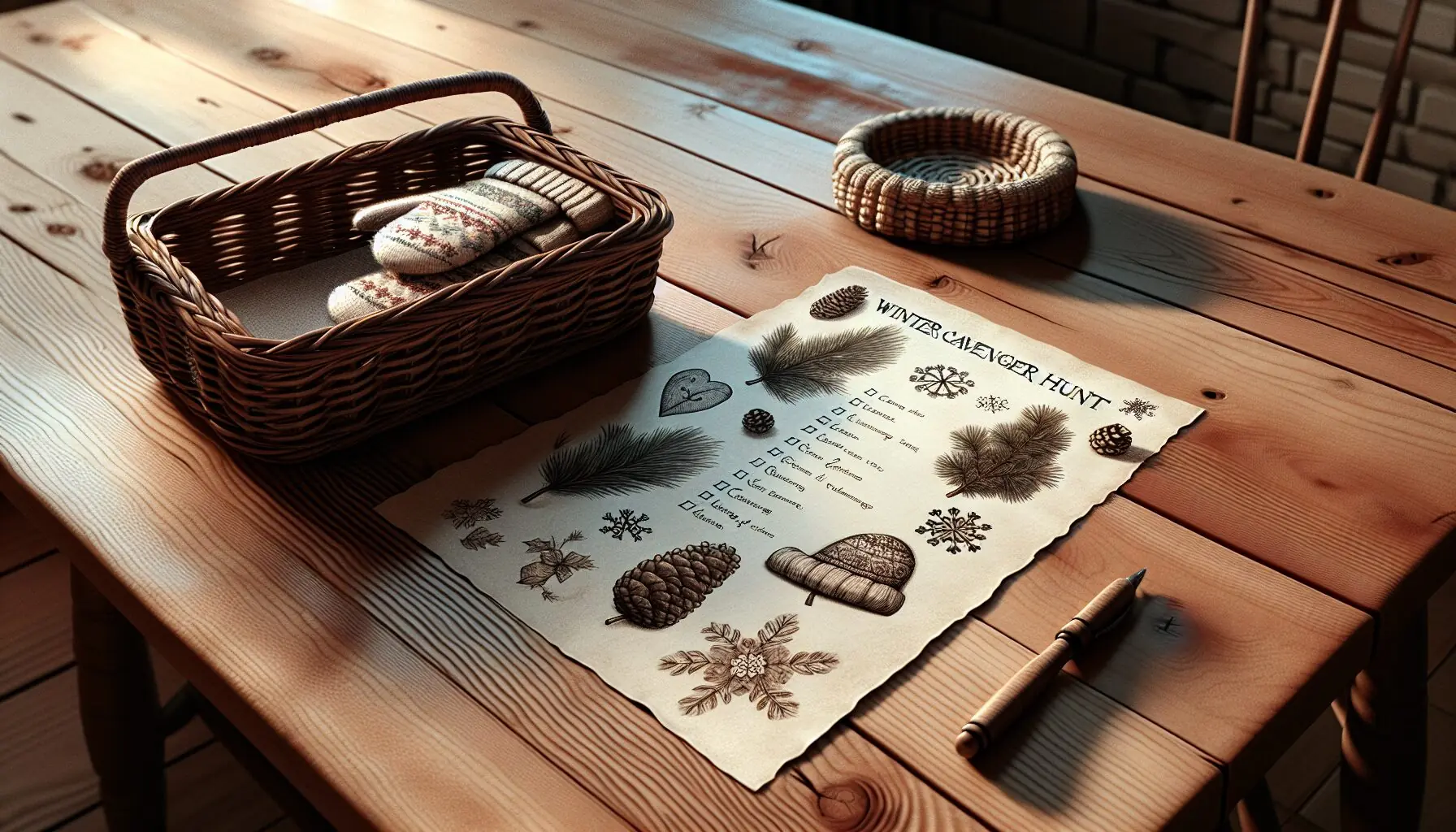 Create an image of a whimsical winter scavenger hunt list featuring drawings of typical winter items.