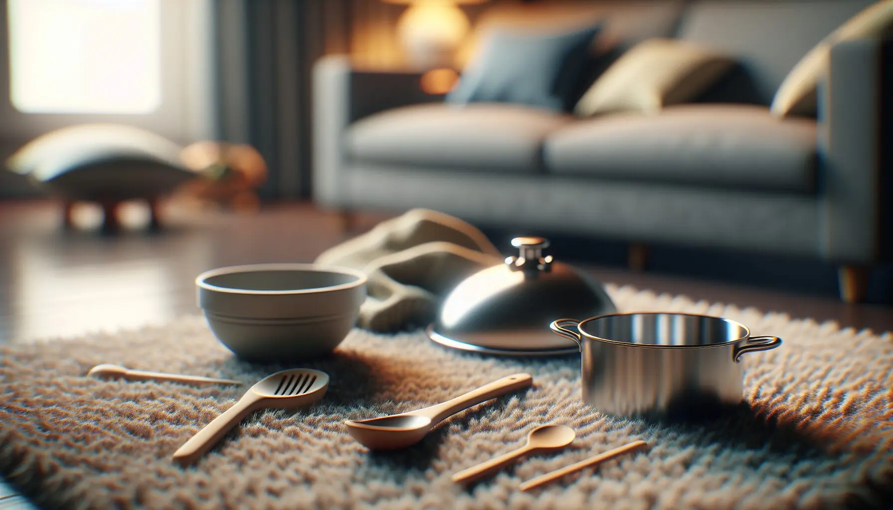 Create an image depicting a variety of kitchen items like pots, pans, and spoons arranged on a carpeted floor.