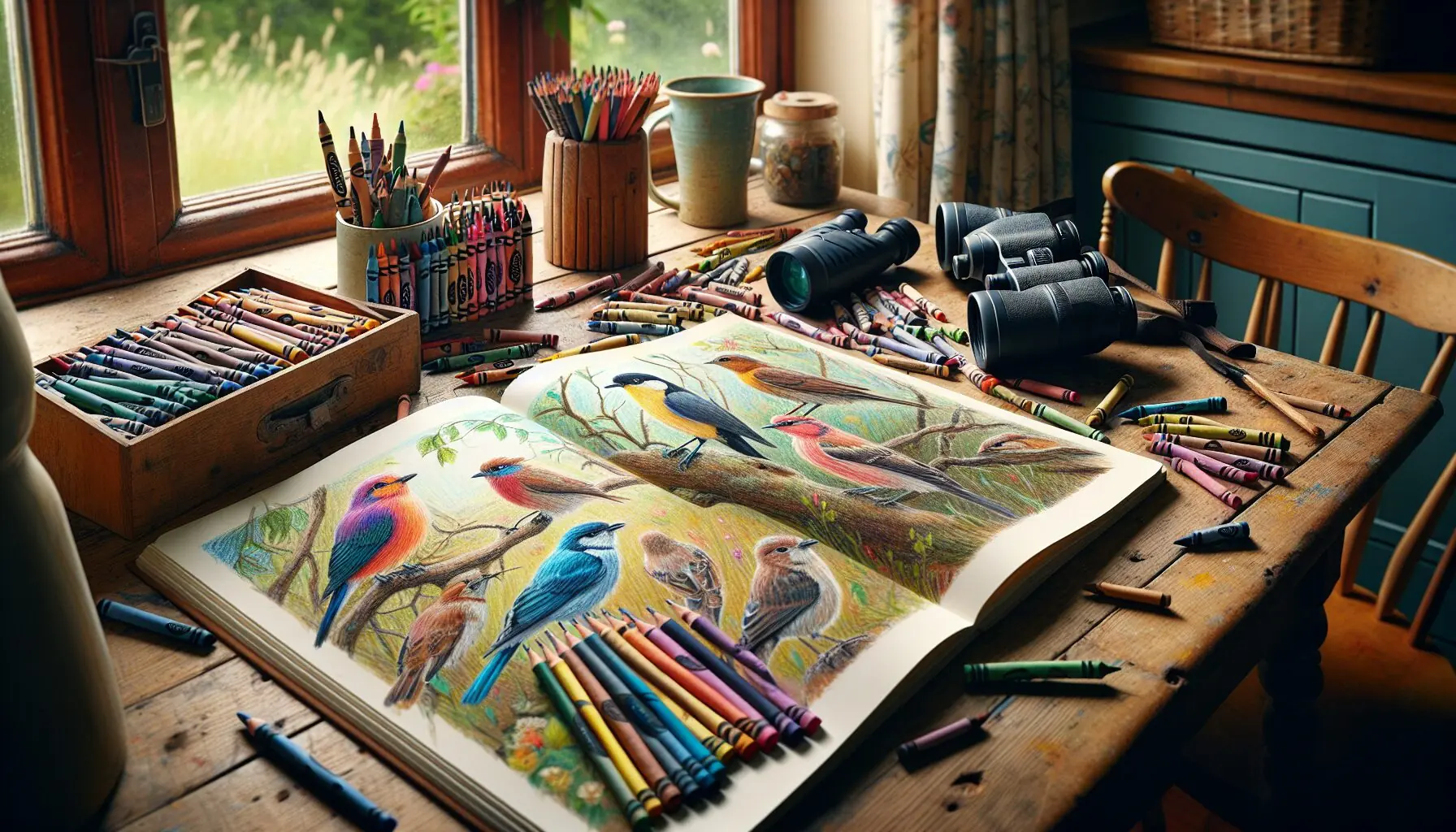 Generate an image of a notebook with colorful bird sketches alongside binoculars and a bird guidebook.
