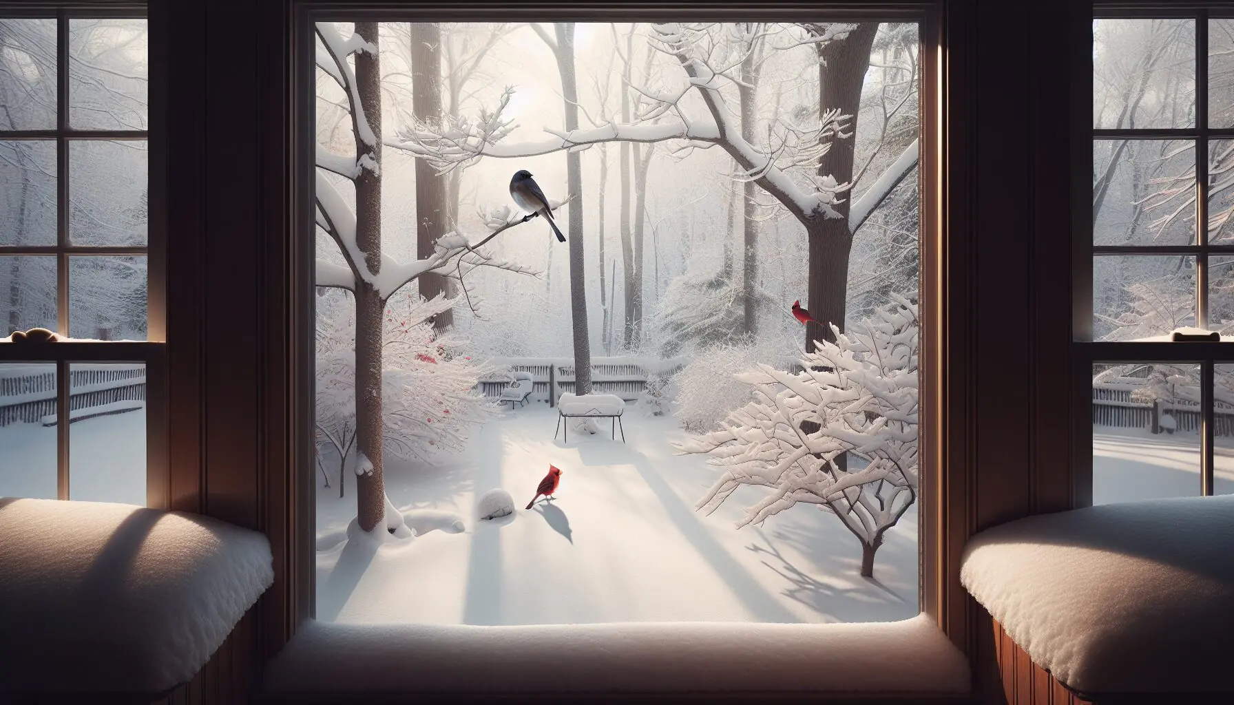 Generate an image of a snowy backyard with birds perched on branches, capturing a winter scene.