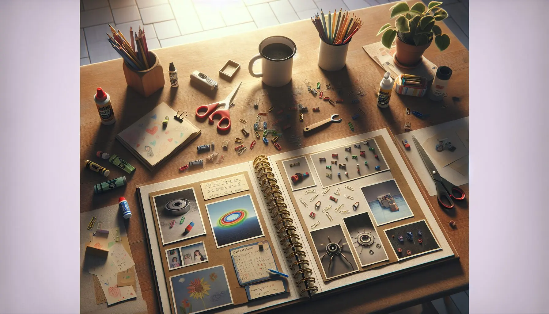 Generate an image of a scrapbook page with photos of the magnetic activity, featuring drawn magnets and children's doodles.