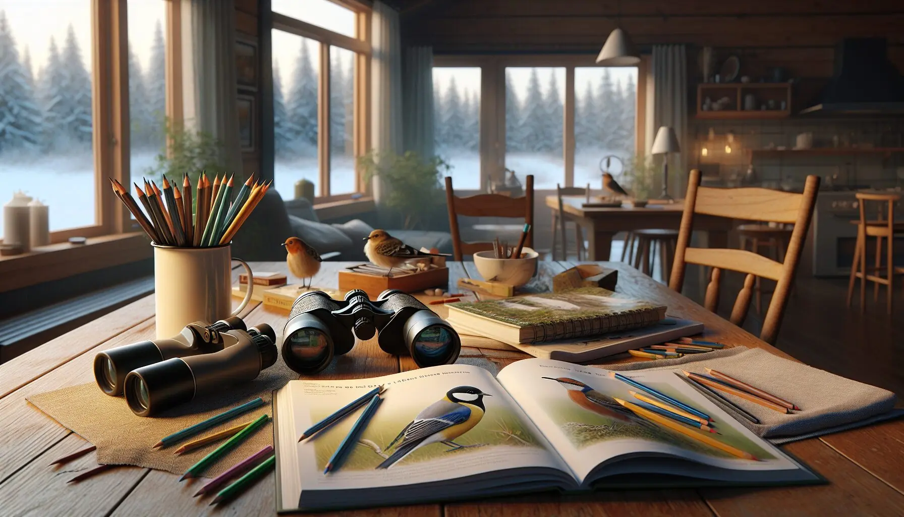 Generate an image of a child holding binoculars, gazing at birds, with a serene winter landscape in the background.