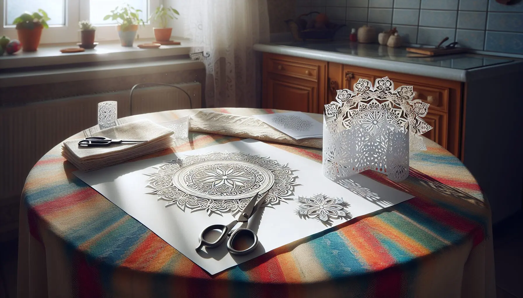 Generate an image of white paper, scissors, and a work-in-progress paper snowflake on a colorful tablecloth.