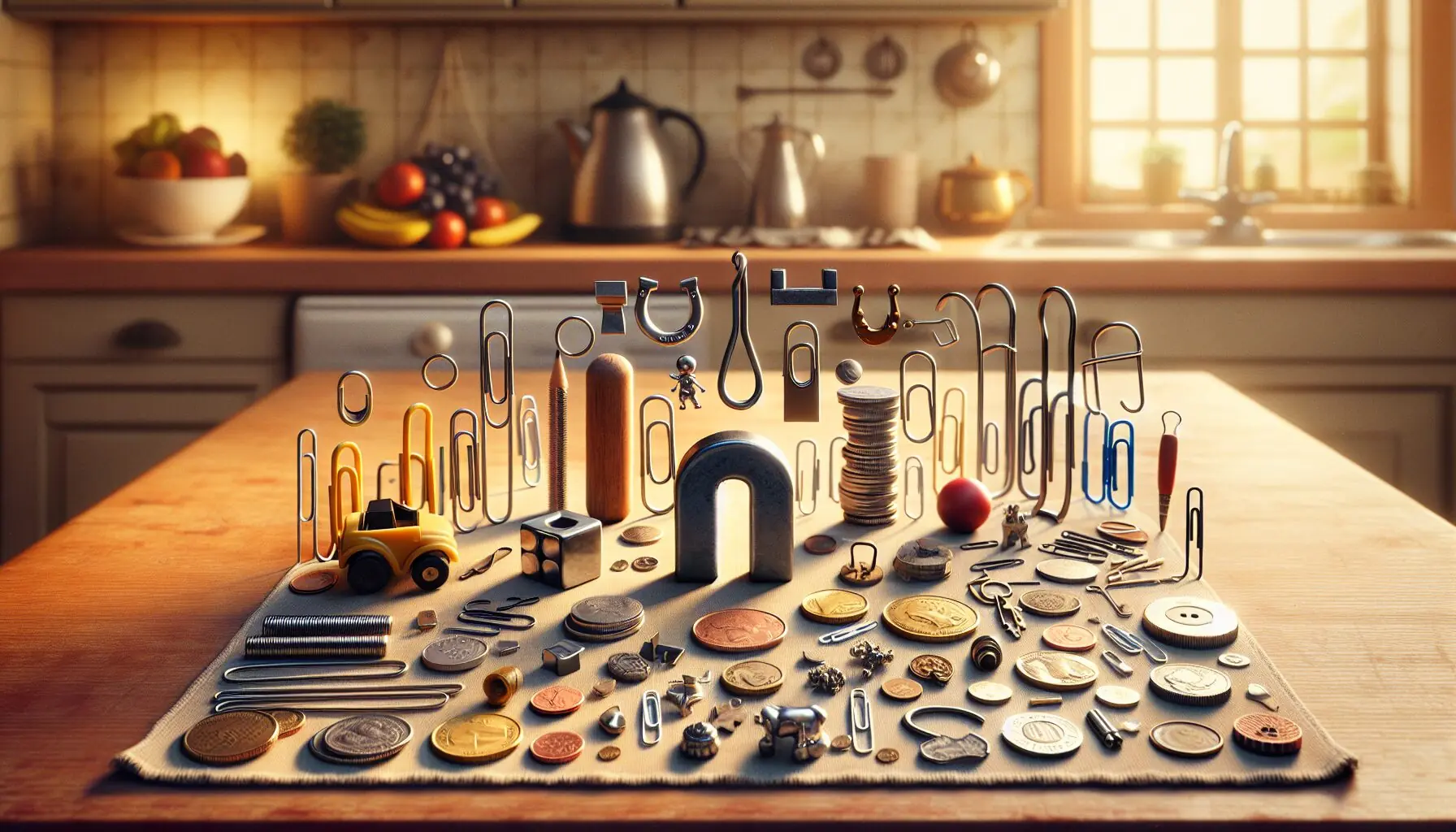 Create an image of a child holding a magnet, with various objects laid out on a tray, ready for testing.