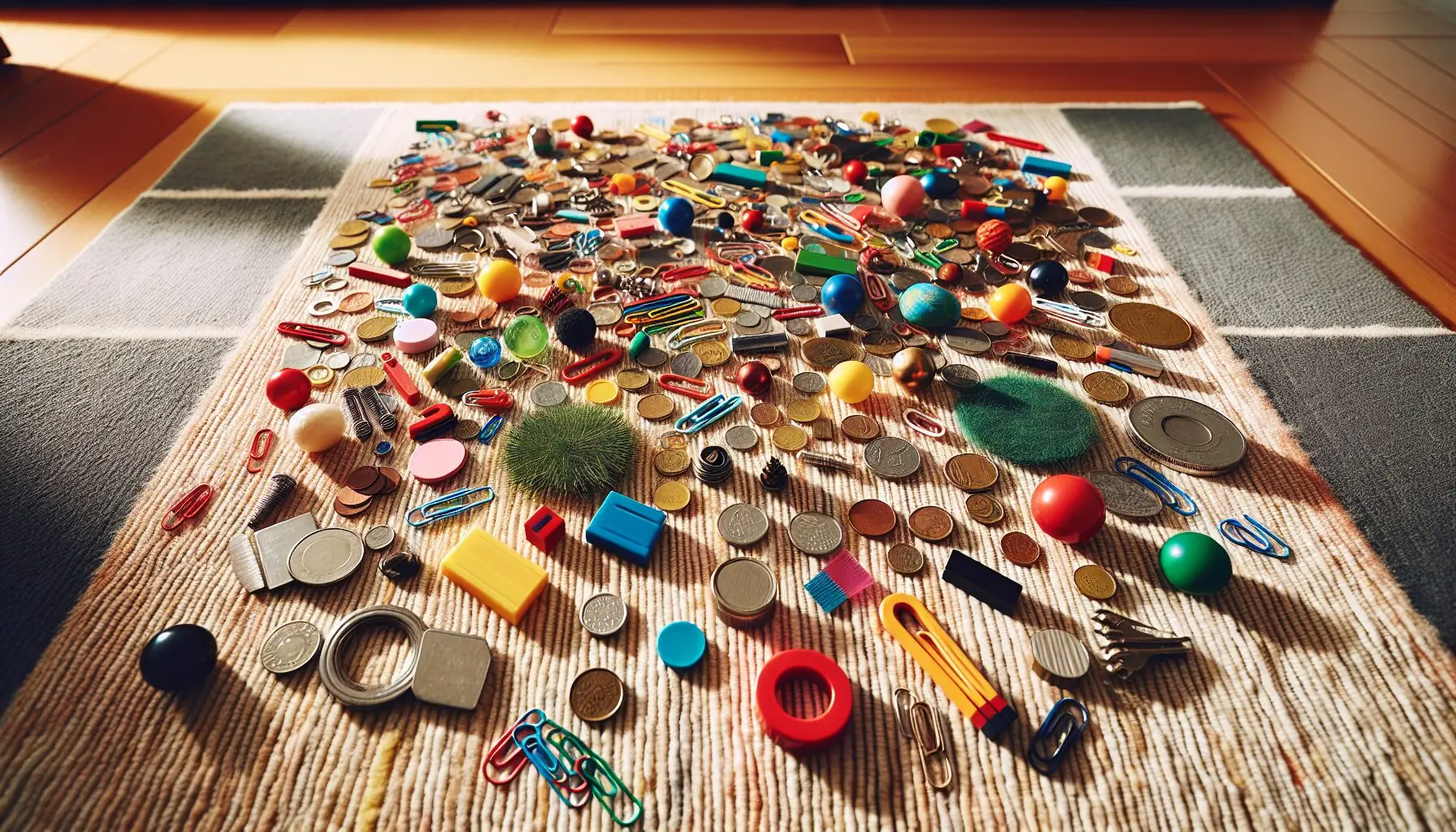 Generate an image of colorful magnets next to various household items like keys, coins, and paper clips on a playful mat.