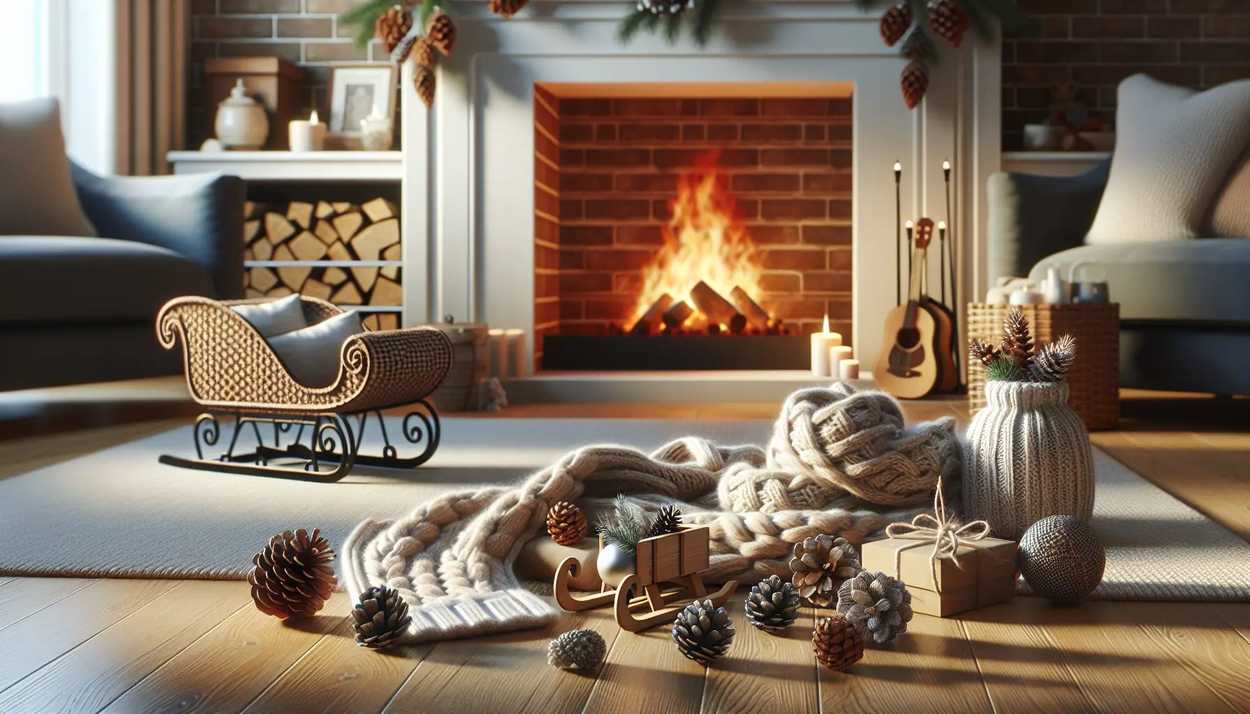 Illustrate an image of a cozy fireplace with a collection of collected winter-themed items displayed nearby.