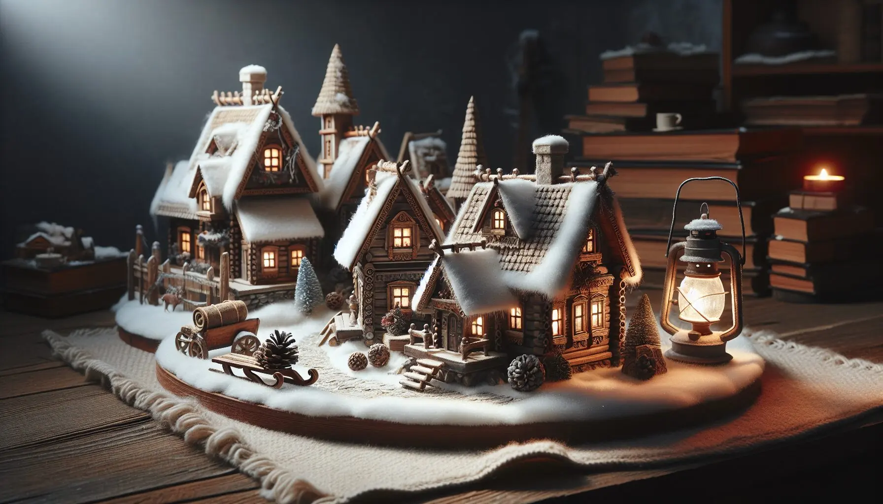 Generate an image of a snowy winter village with old-timey cottages adorned by snowfall.