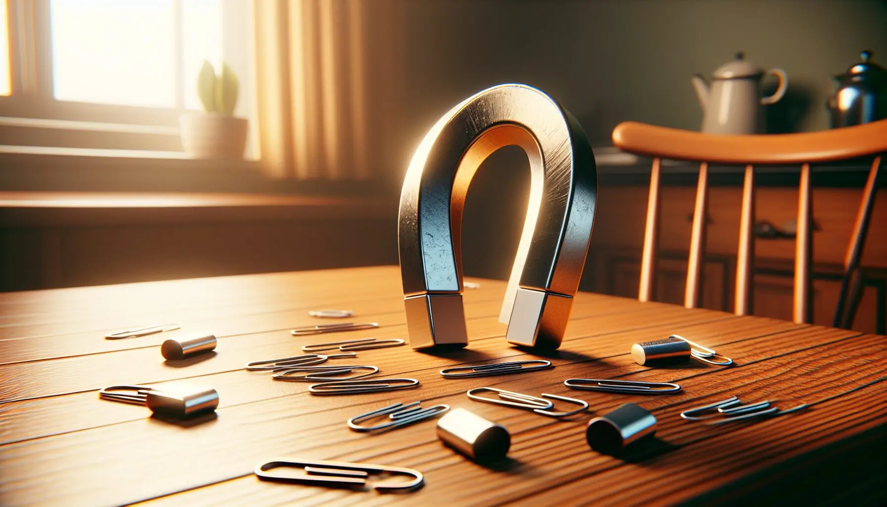 Visualize an image of a smiling parent and child observing paper clips clinging to a horseshoe magnet, under a bright light.