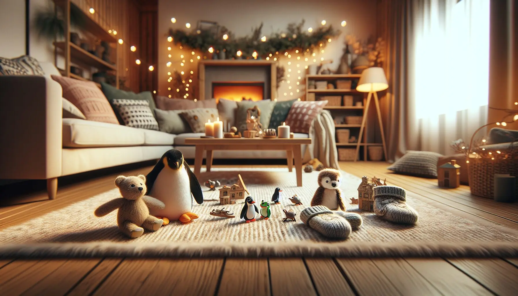 Generate an image of a cozy indoor space with a child-sized play area for movement activities, including a small toy penguin and bear.