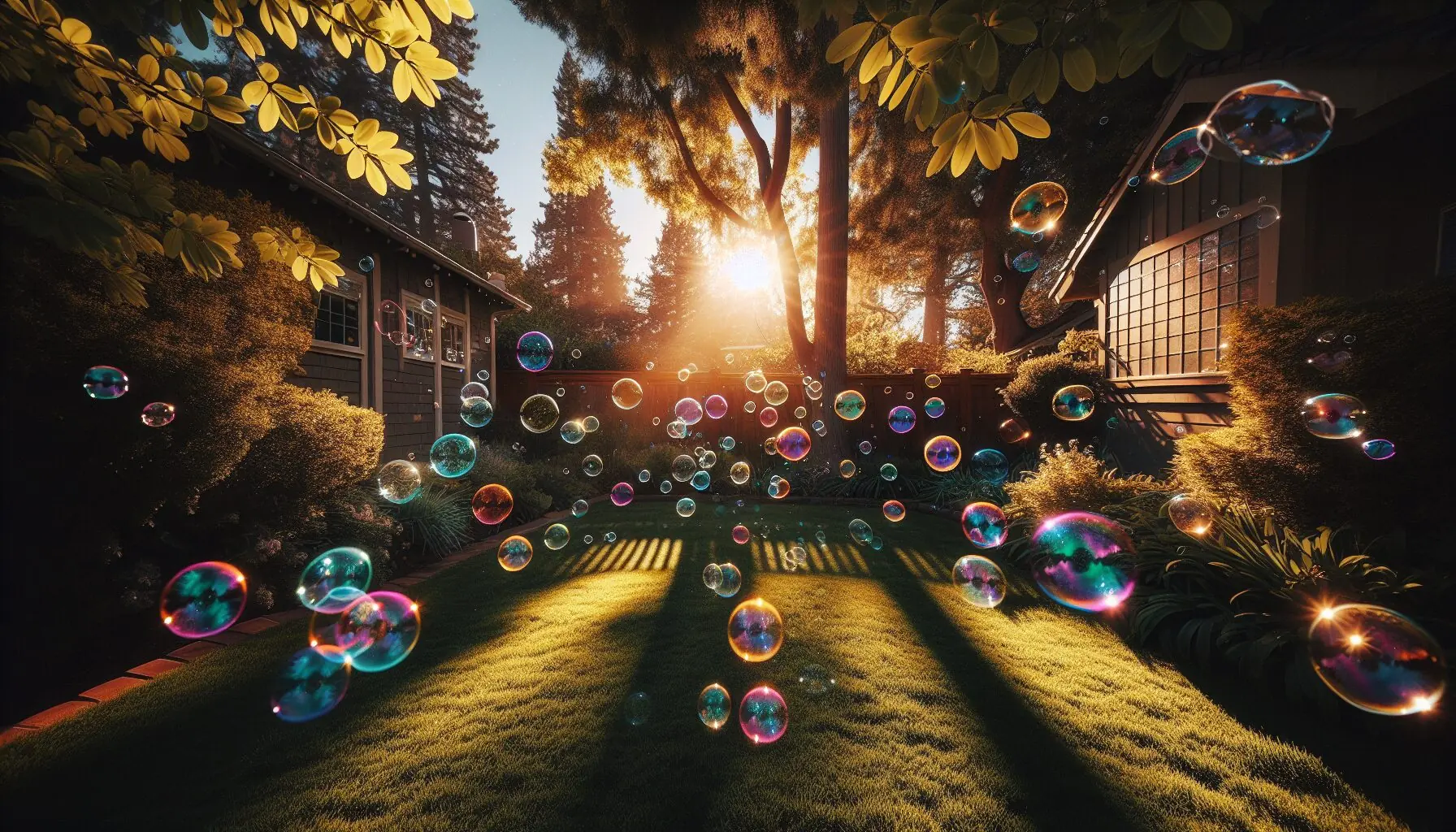 Generate an image of a backyard filled with floating bubbles colorful in sunlight.