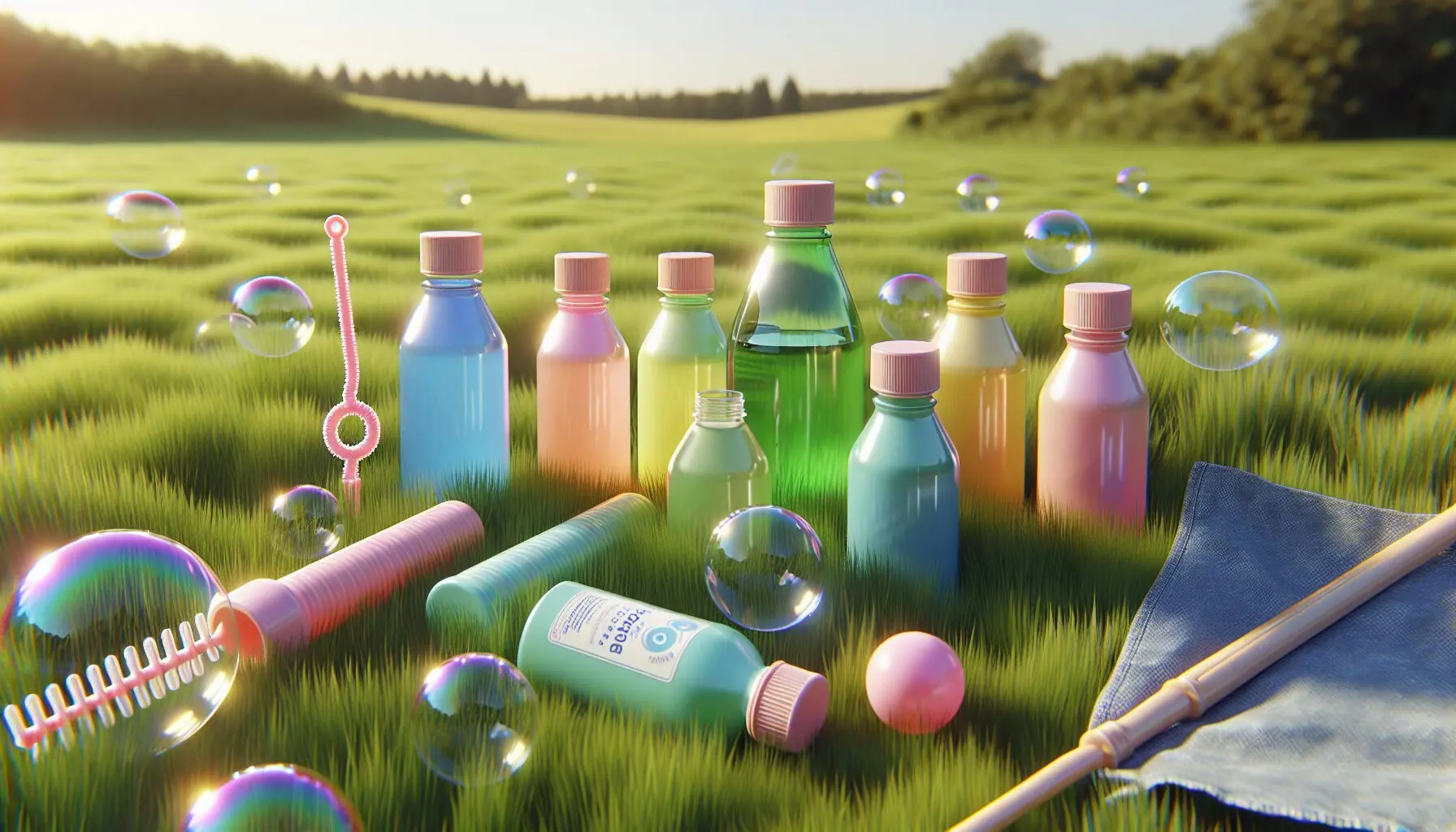 Generate an image of bubble wand and pastel-colored bubble solution bottles on grass.