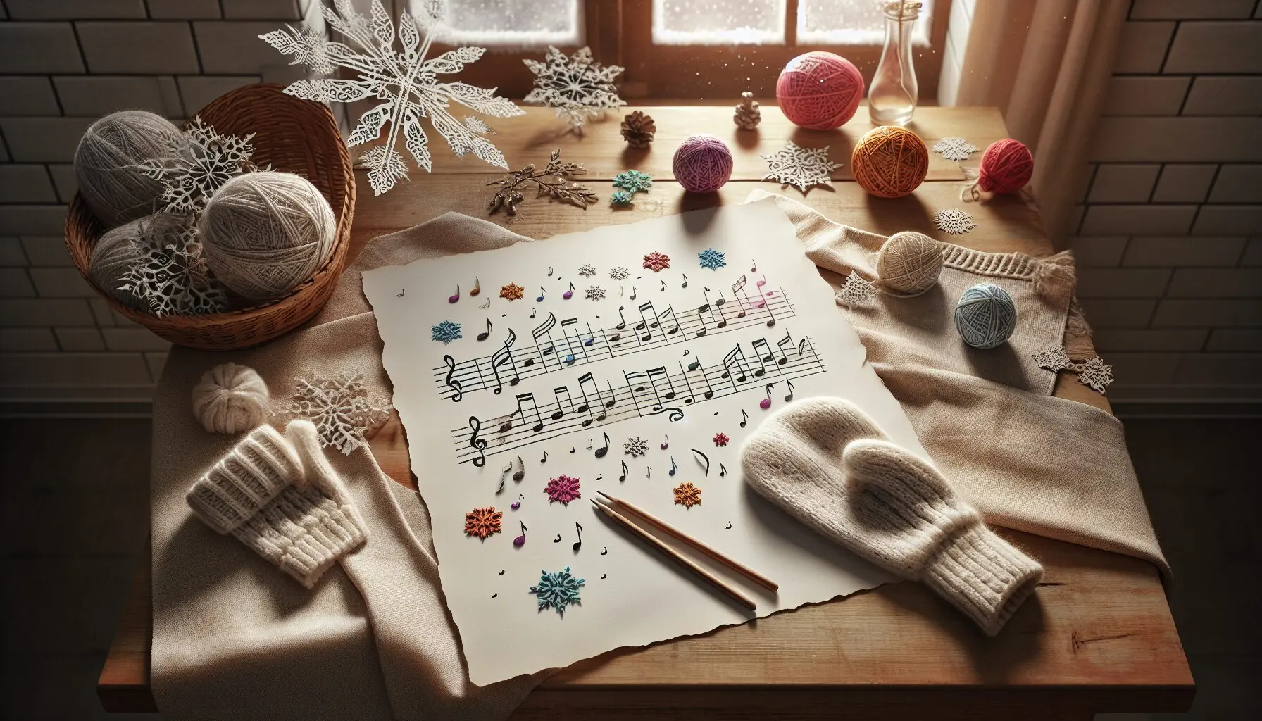Generate an image of musical staff lines with colorful notes and winter-themed icons like snowflakes and mittens.