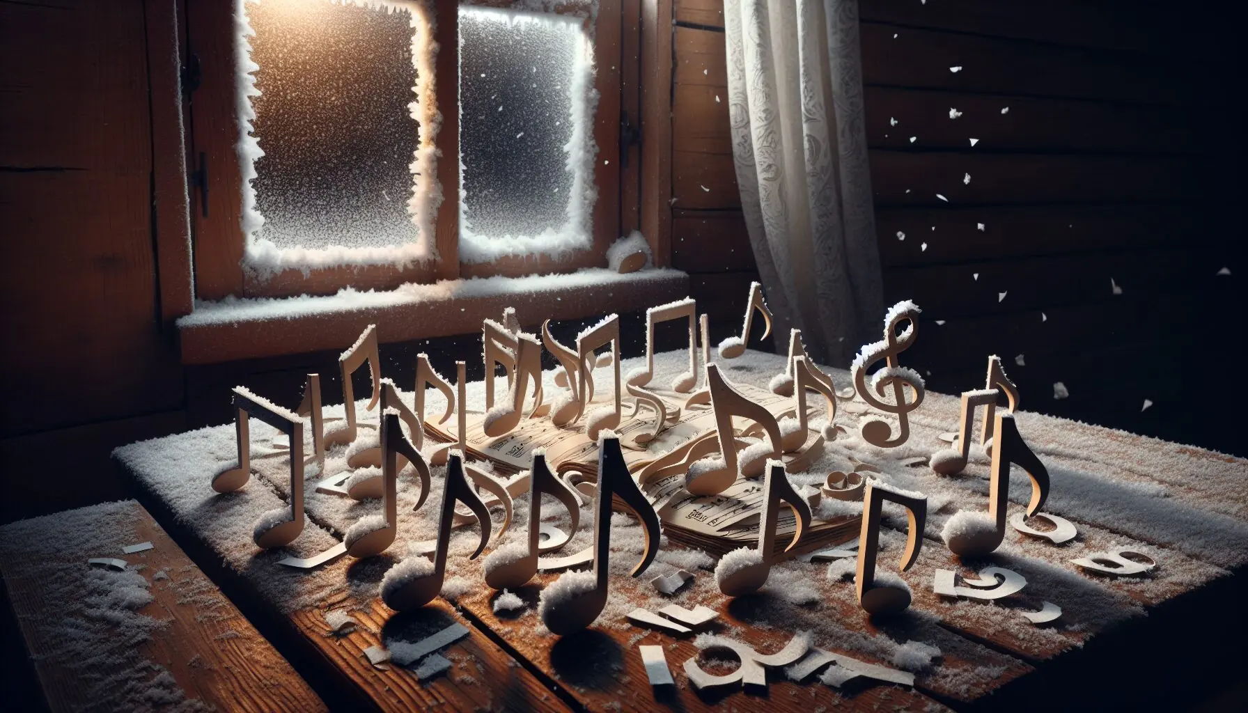 Generate an image of snowy musical notes floating in a winter landscape.