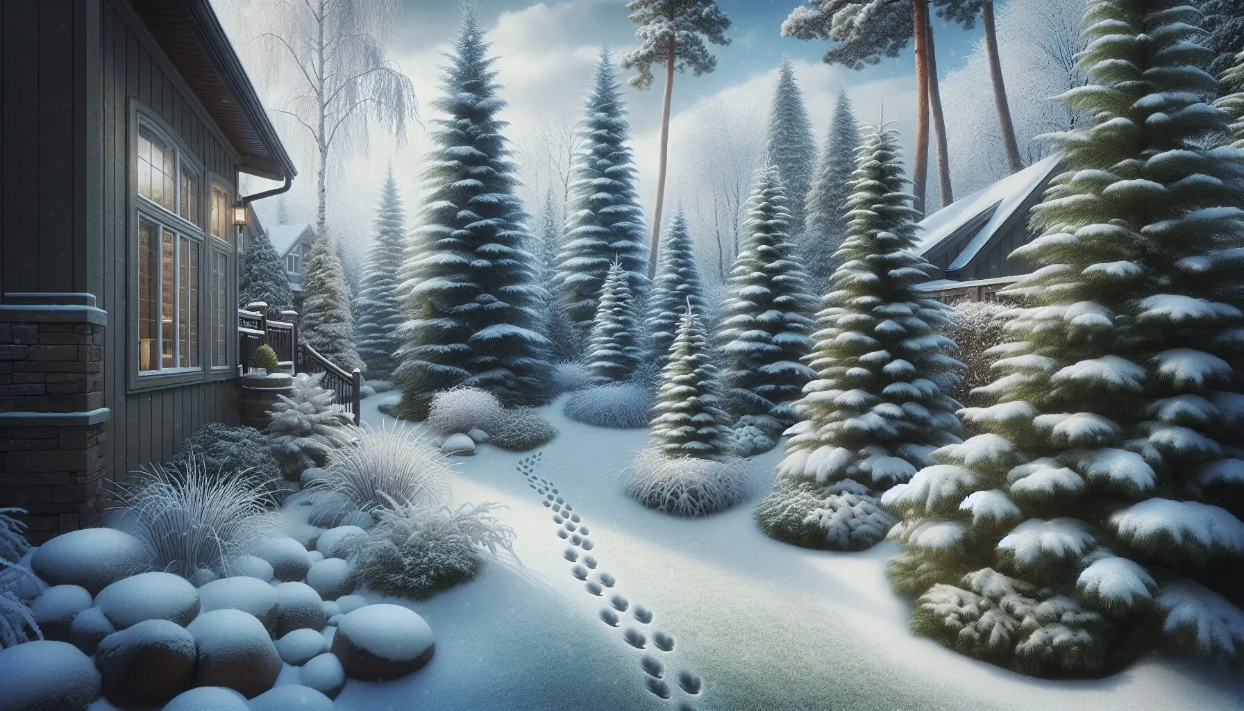 Generate an image of snow-covered pine trees with animal tracks in the snow.