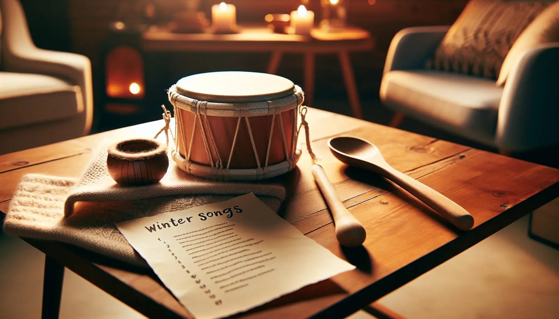 Generate an image of a small drum, wooden spoon, and a playlist sheet on a cozy table setting.