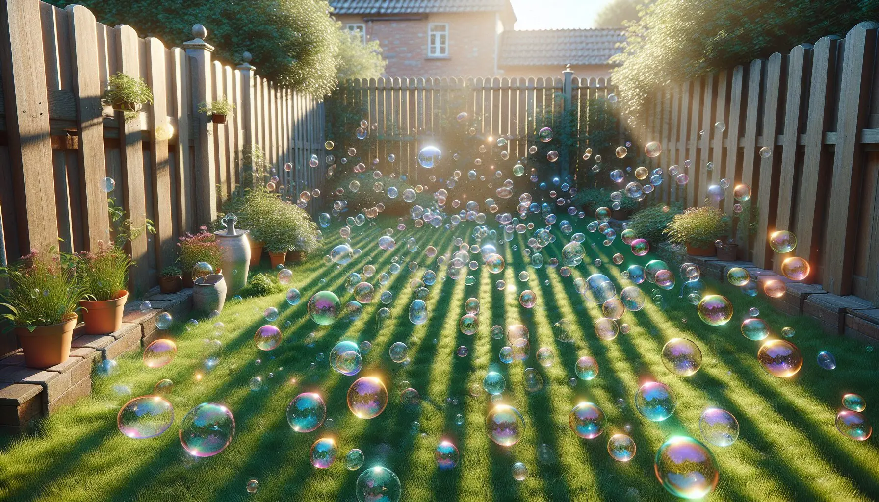 Generate an image of a backyard filled with floating bubbles colorful in sunlight.