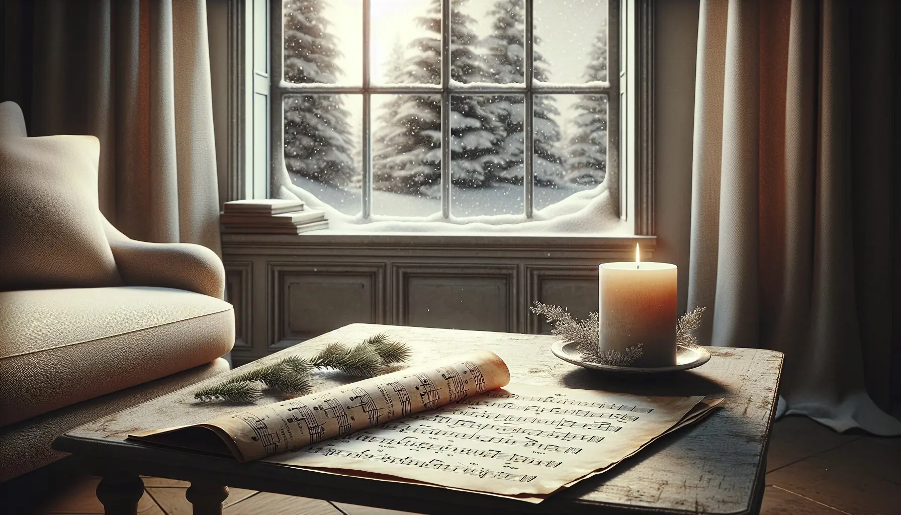 Generate an image of sheet music and a snowfall background.