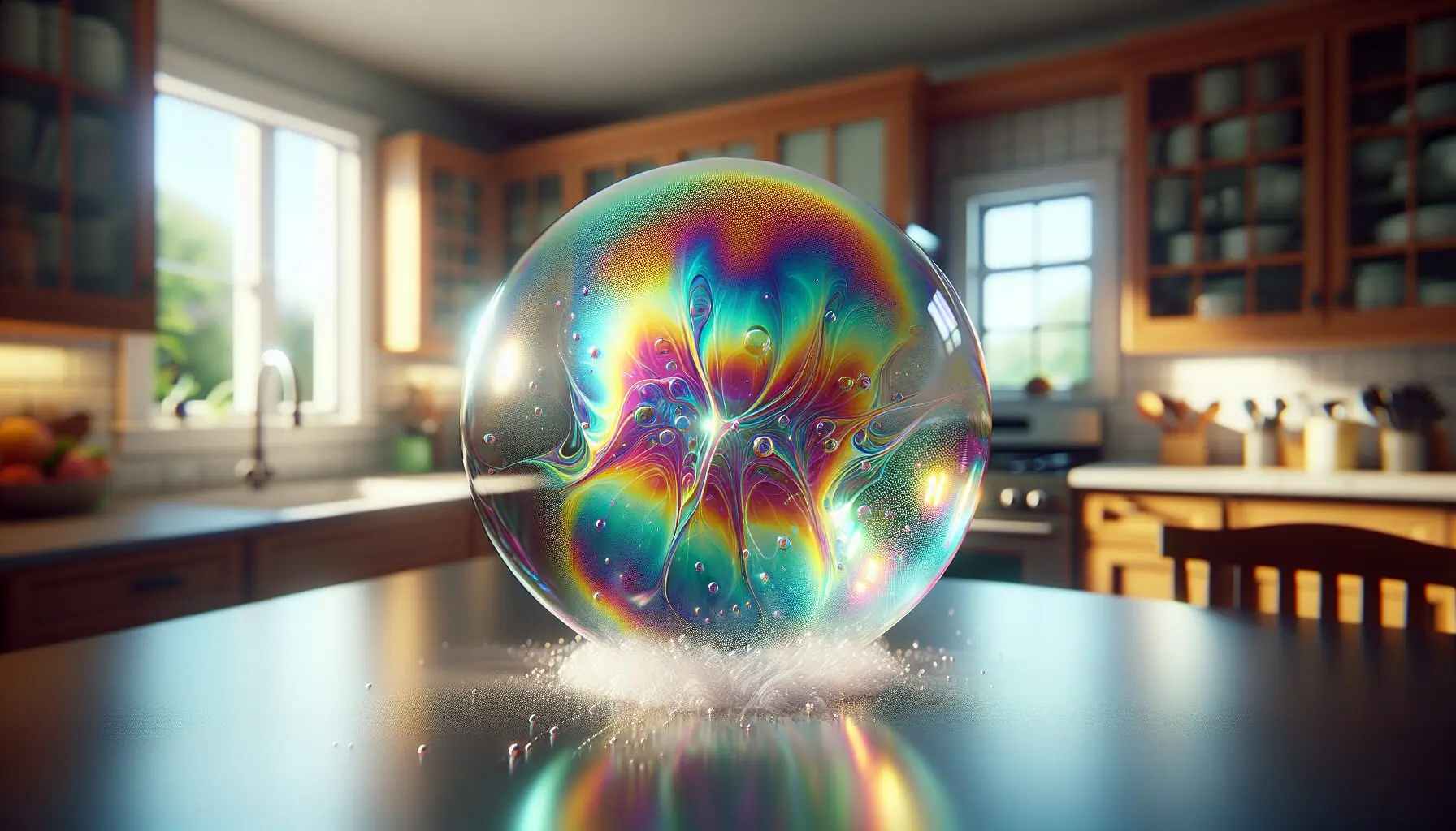 Generate an image showing a burst bubble with a clear view of its rainbow shimmers.