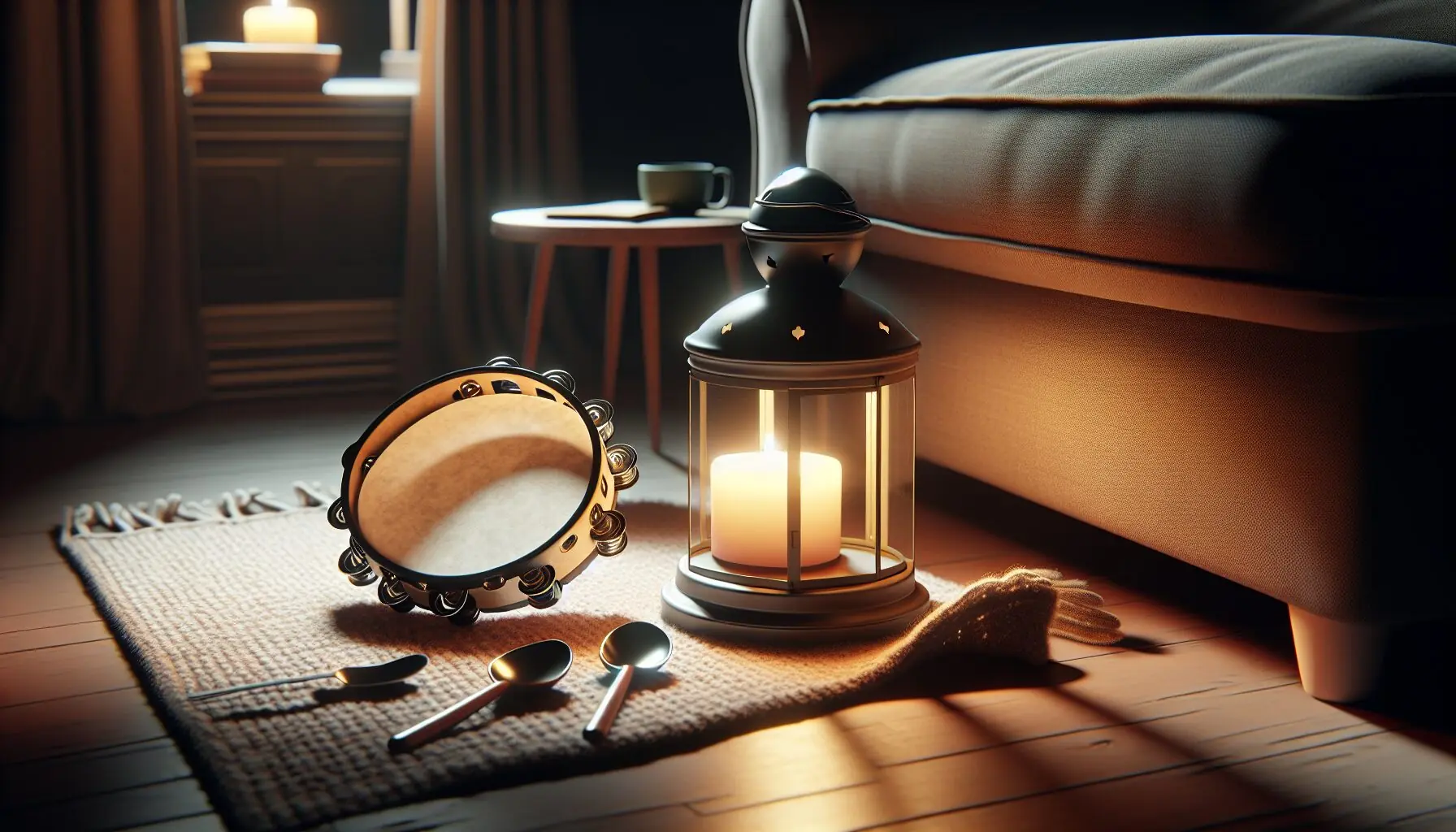 Create an image of a tambourine and spoons next to a glowing lantern.