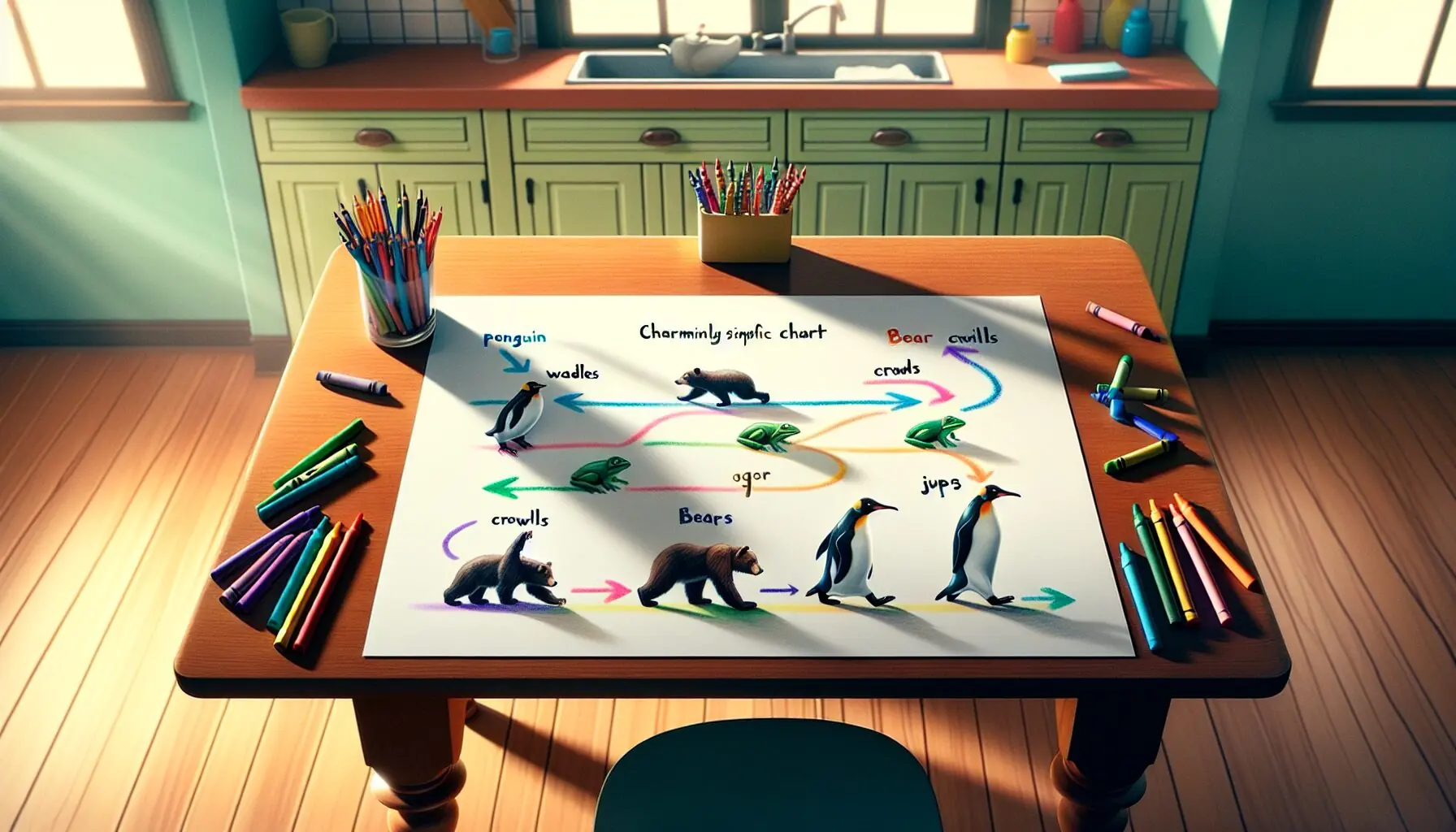 Generate an image of a simple chart depicting penguin waddles, bear crawls, and frog jumps with arrows showing the sequence of movements.