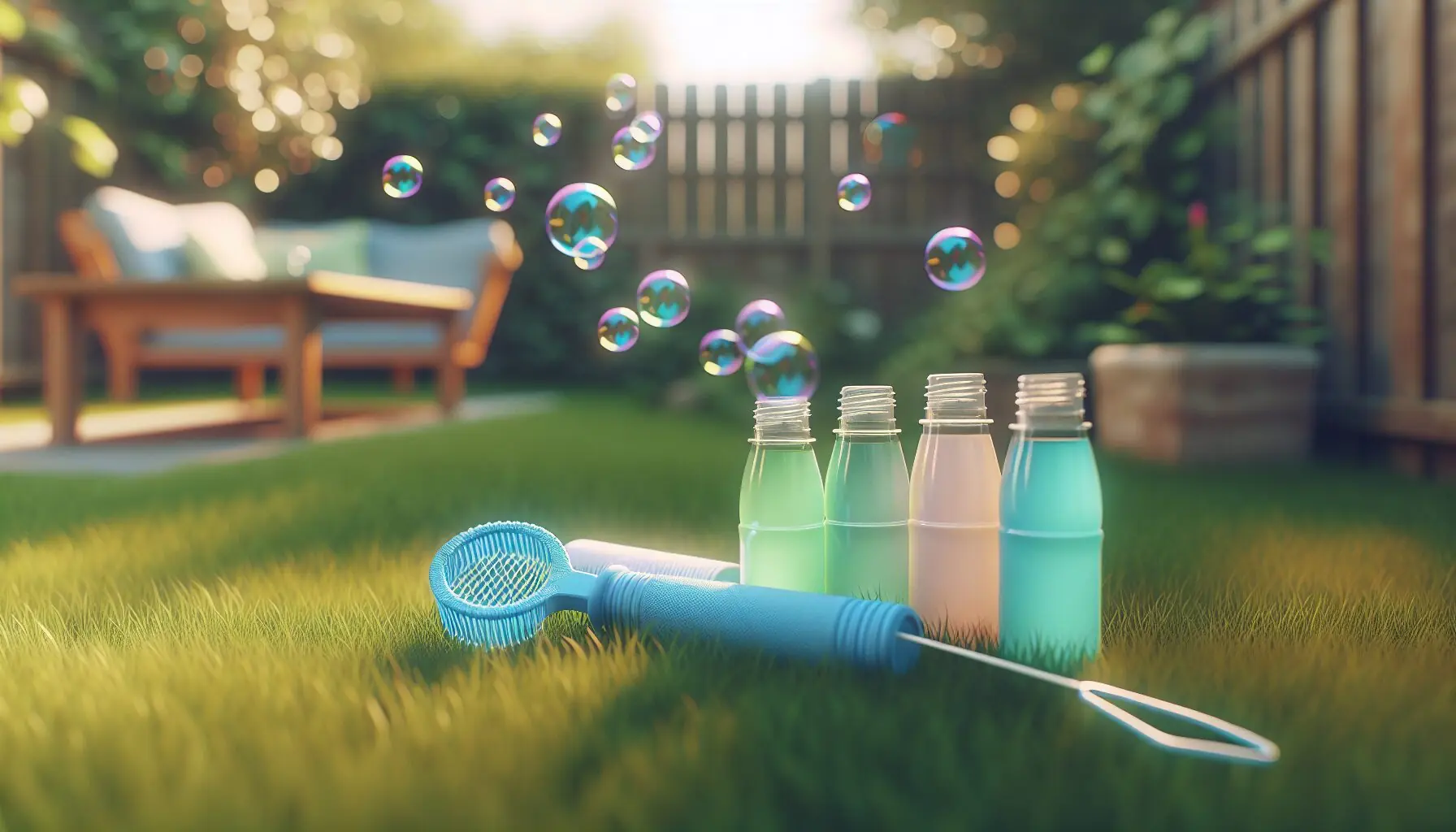 Generate an image of bubble wand and pastel-colored bubble solution bottles on grass.