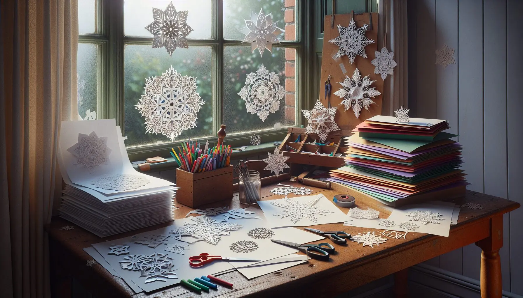 Design an image of an arts and crafts station with assorted colorful papers, scissors, and markers, inviting future fun snowflake creations.
