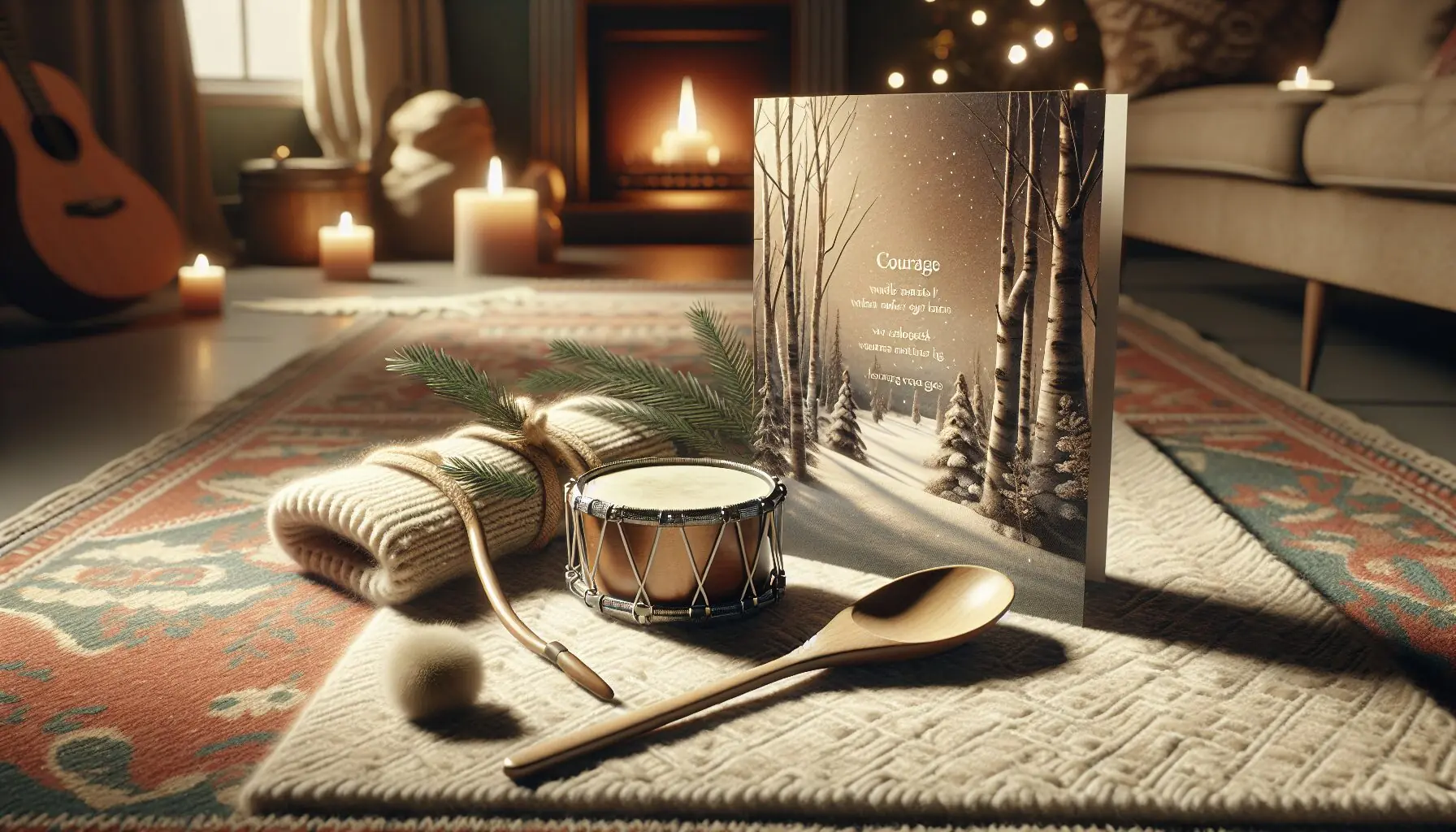 Generate an image of a small drum and a spoon on a rug, beside winter-themed song lyrics on colorful paper.