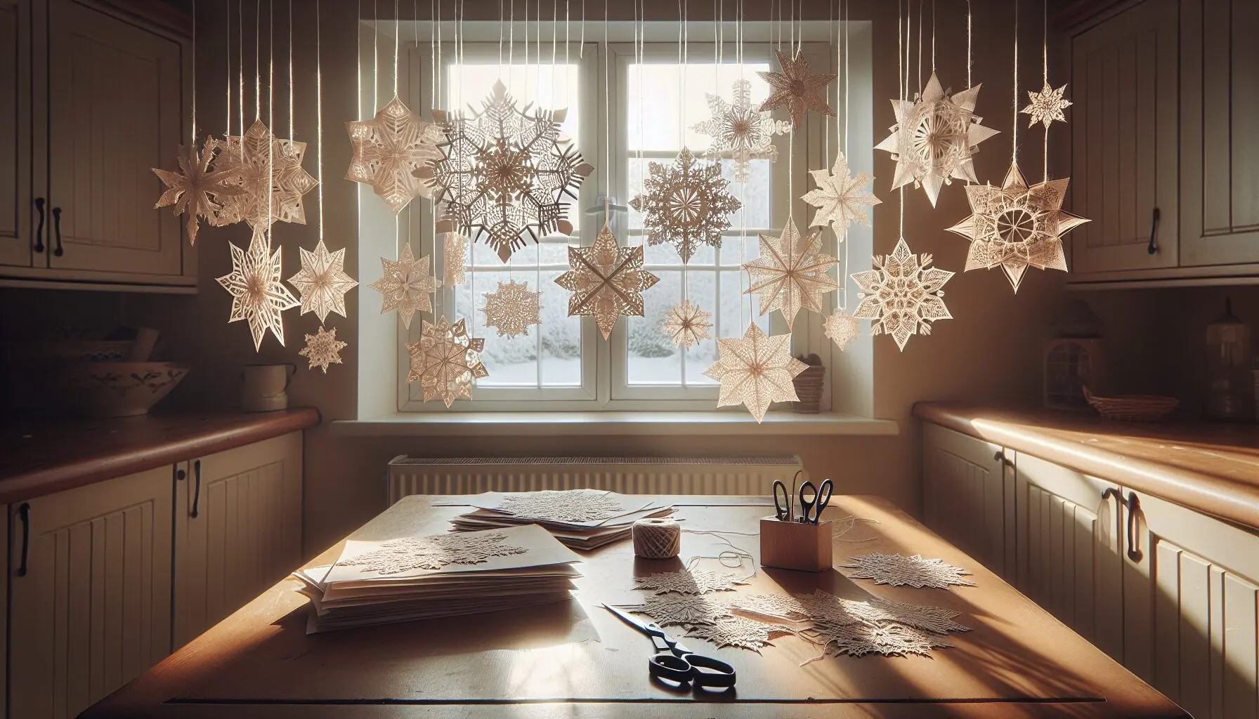 Depict a cheerful scene of colorful snowflakes hanging from string in a window setting, emphasizing symmetry and artistic display.