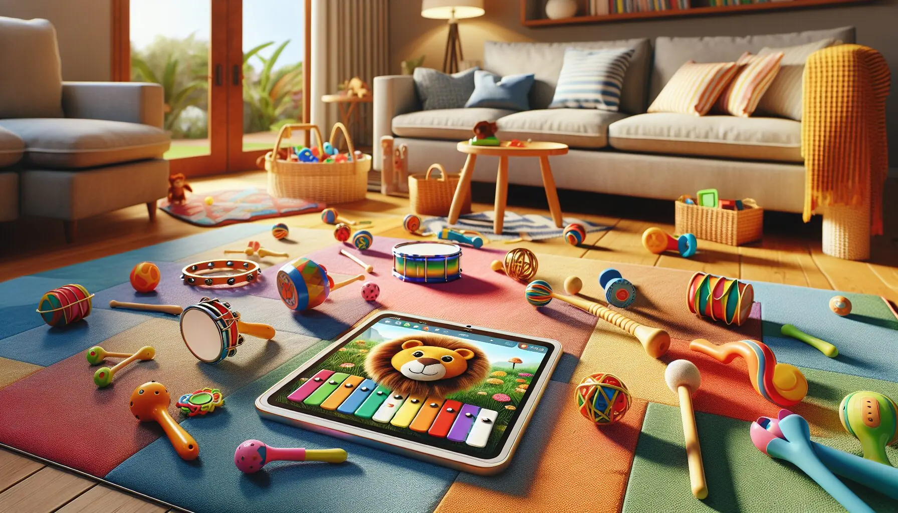 Generate an image of colorful musical instruments spread on a carpet, with a children's tablet displaying an animated jungle scene.