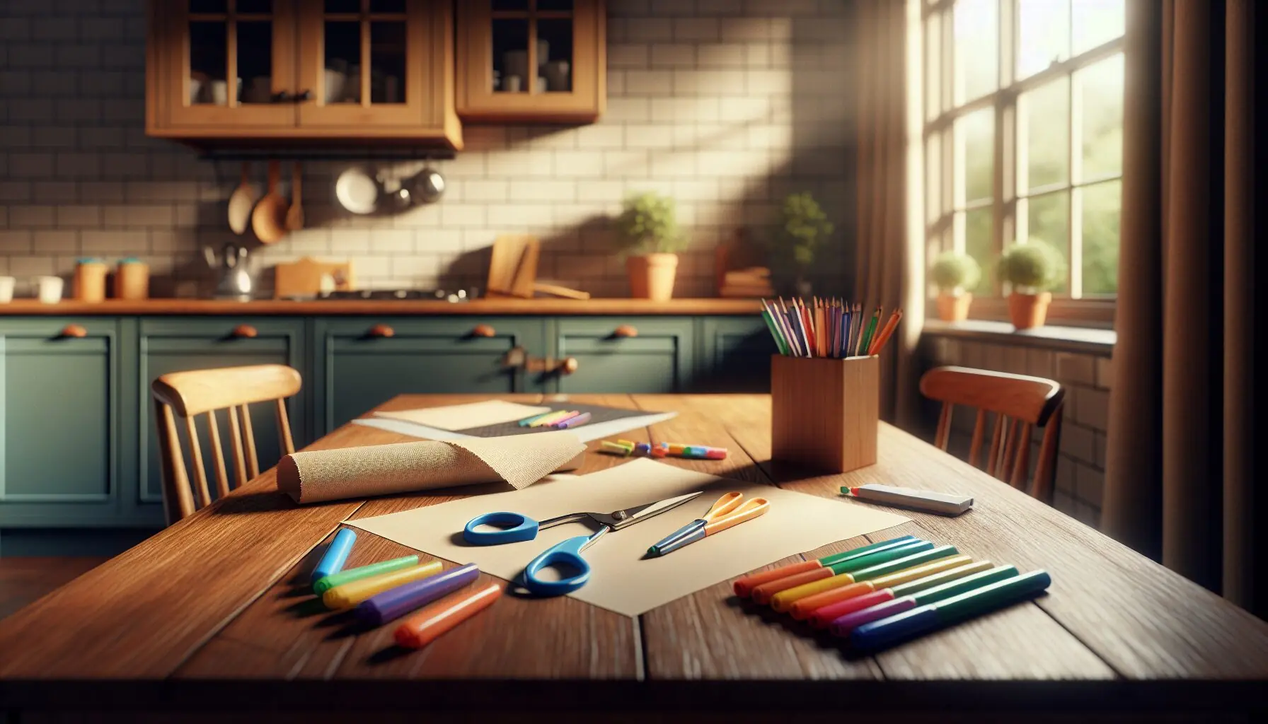 Generate an image of folded white paper with a pair of child-safe scissors and colored markers beside it to suggest a crafting activity in progress.