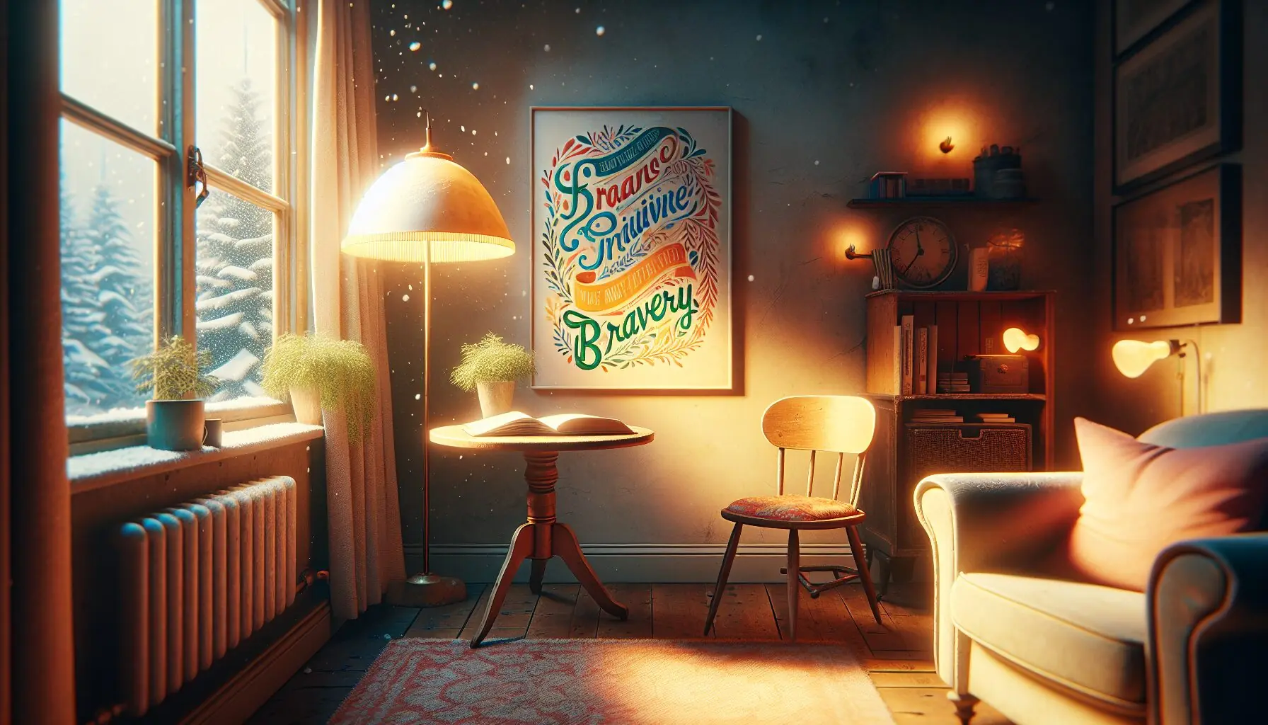 Generate an image of a cozy room with snow gently falling outside, a warm light glowing inside, and a child holding a colorful poster with simple song lyrics about bravery on it.