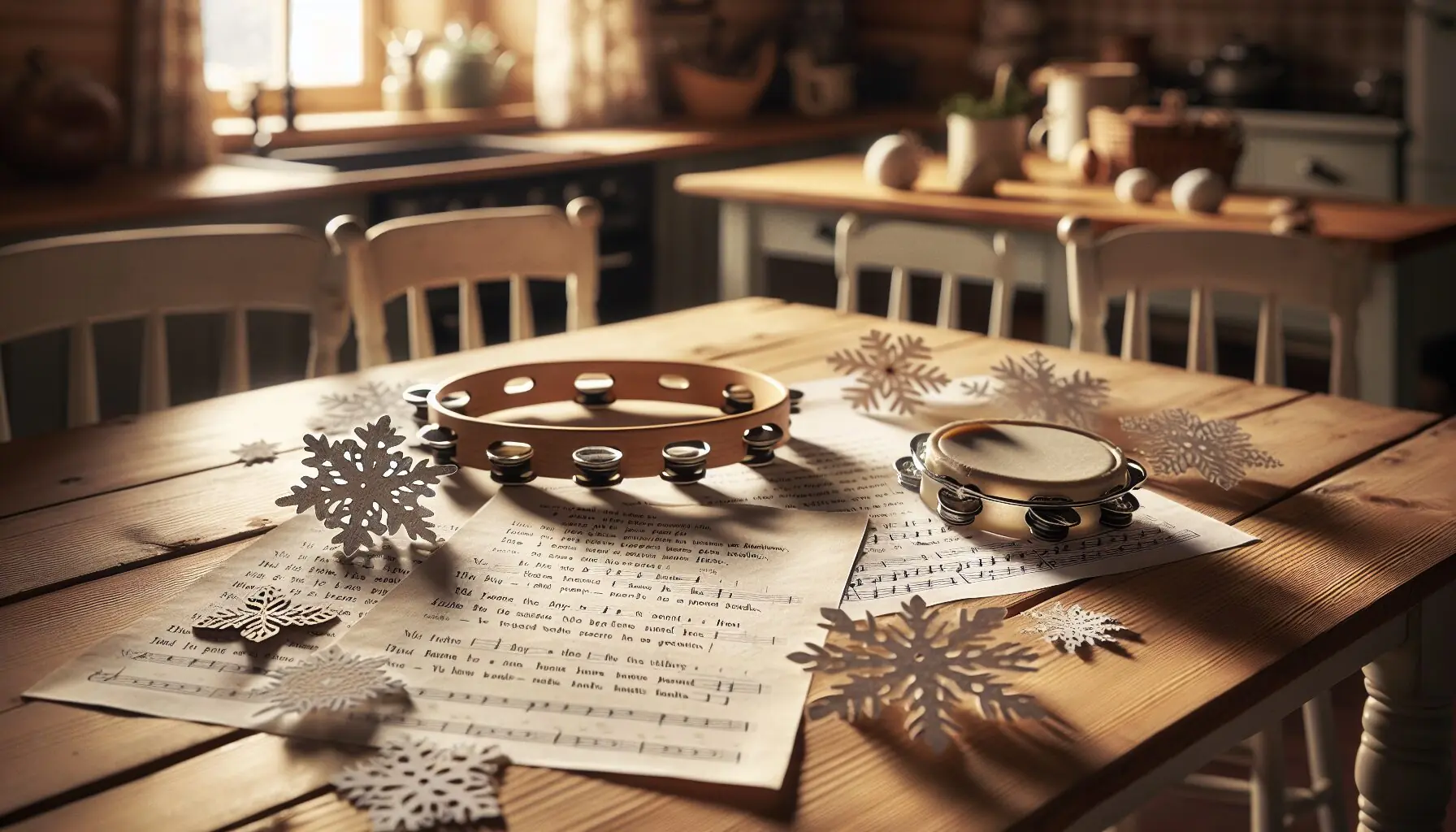 Generate an image of a child clapping hands along with a song, surrounded by musical notes and snowflakes.