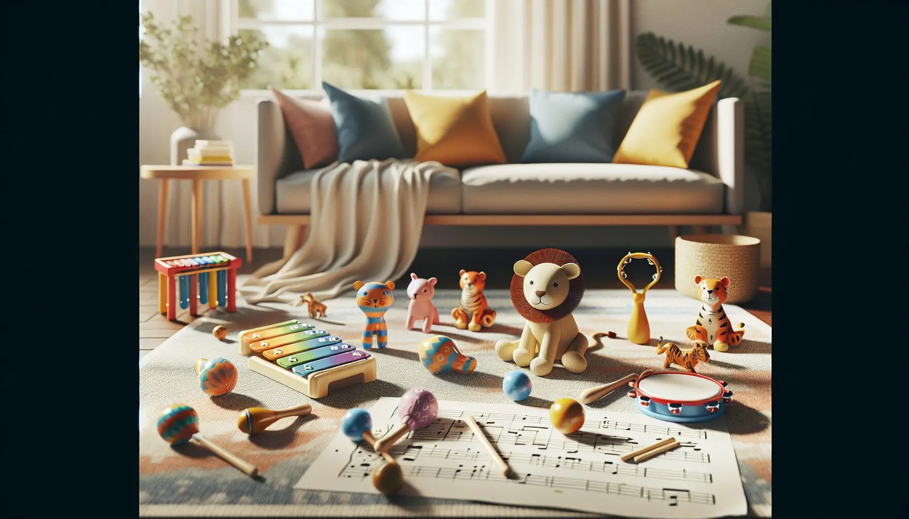 Design an illustration that combines vibrant cartoon animals with musical symbols, highlighting emotional interaction and joy.