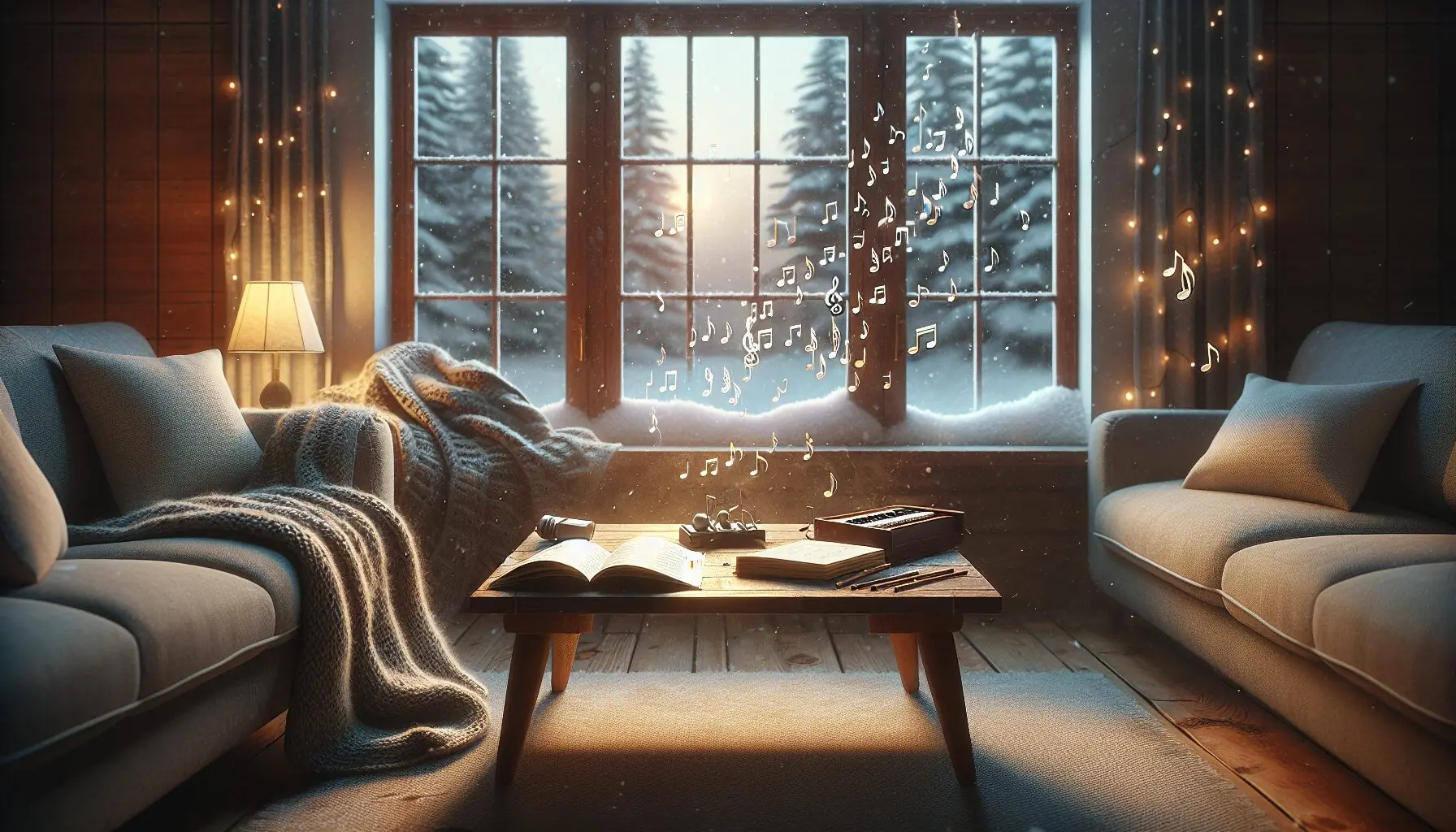 Generate an image of snowflakes falling outside a cozy home, with music notes swirling through the air.