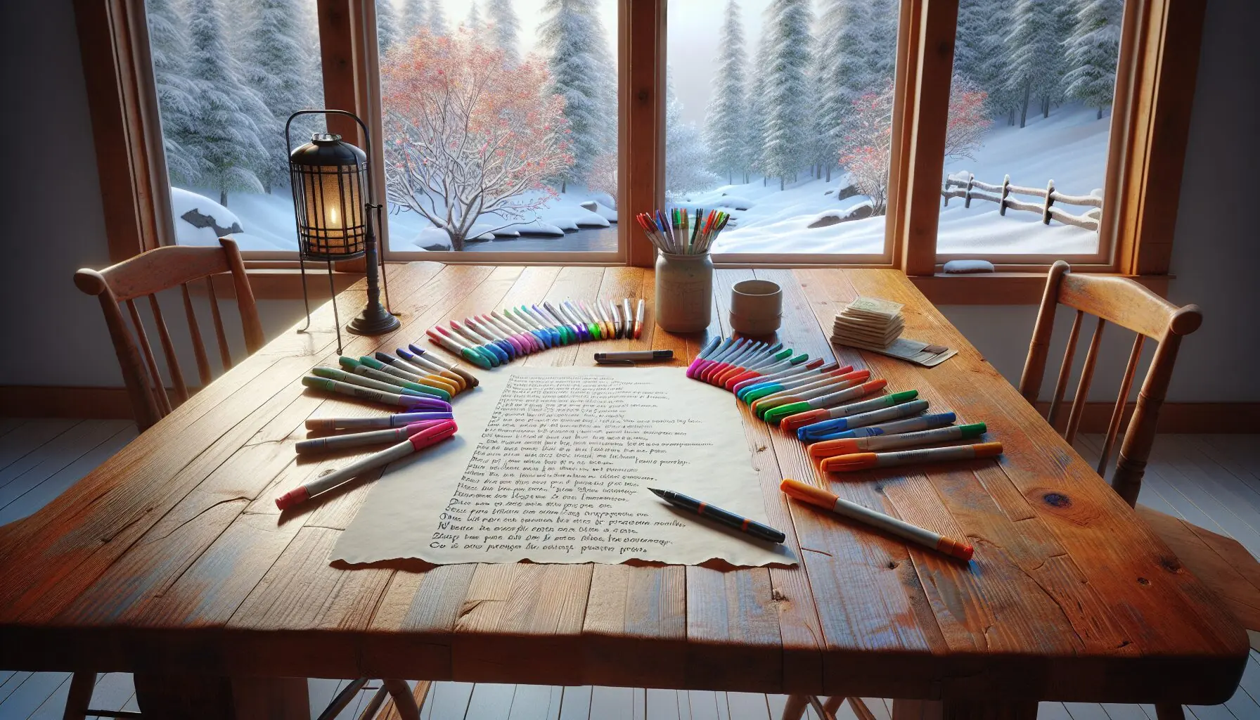 Generate an image of a piece of paper with a haiku written on it, surrounded by colorful markers.