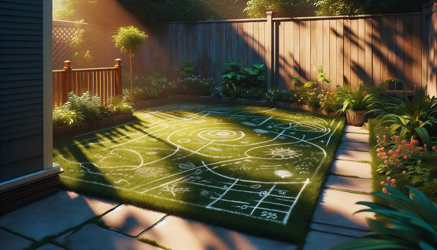 Generate an image of a sunny spot on the ground with chalk outlines showing where shadows were traced.