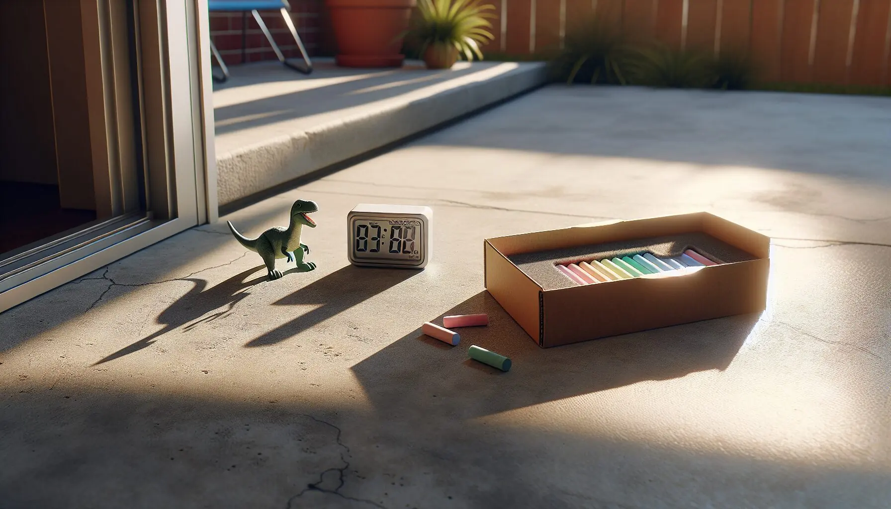 Generate an image of sidewalk chalk, a small toy, and a timer placed on a sunny sidewalk.