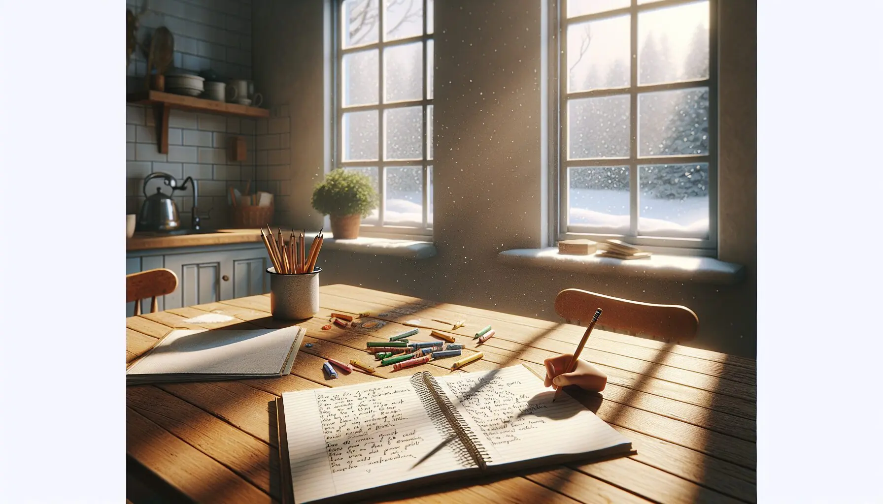 Generate an illustration of three children looking at snowflakes through a window, with joyful expressions.