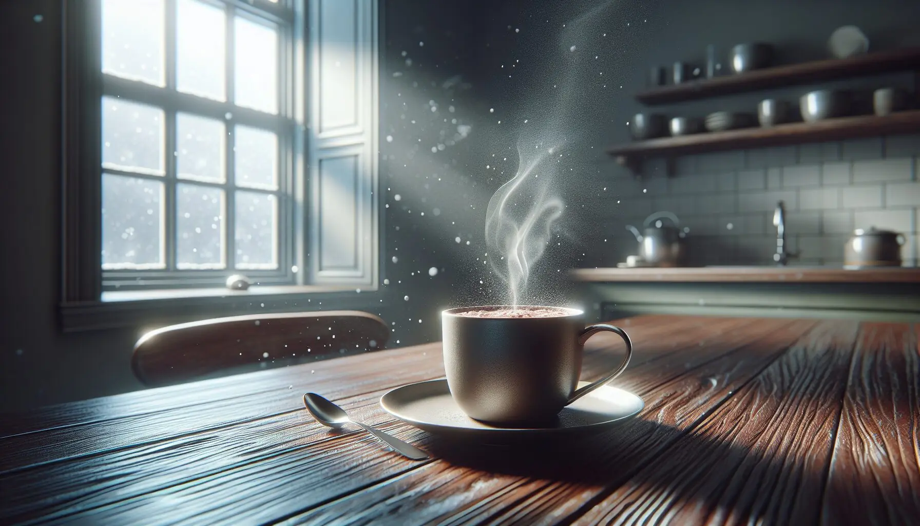 Generate an image of a steaming cup of cocoa next to a window where snowflakes can be seen falling.